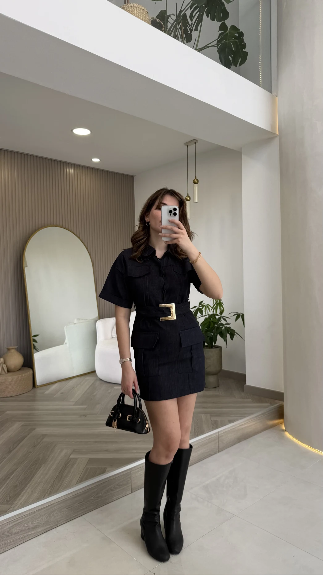 Gold Kemerli Safari Denim Elbise - Lacivert - Kod: 260806