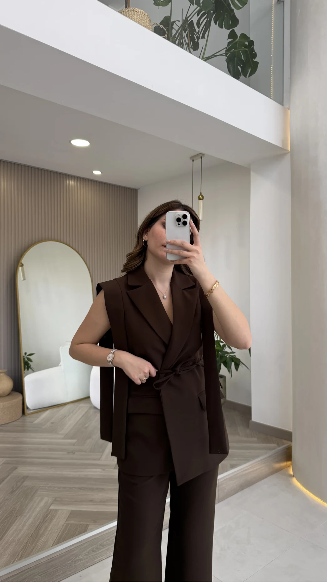 Napolı Omuz Detay Bağcıklı Yelek Takım - Kahverengi - Kod: 8005