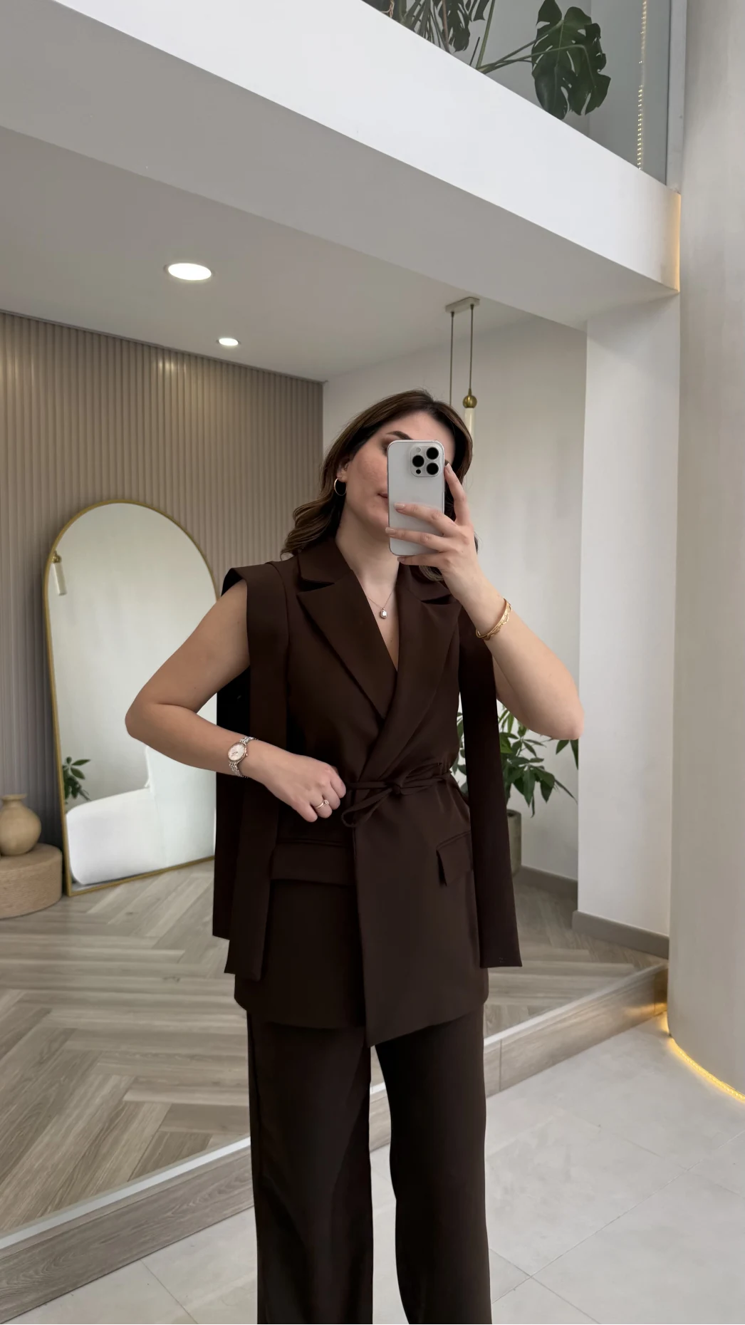 Napolı Omuz Detay Bağcıklı Yelek Takım - Kahverengi - Kod: 8005