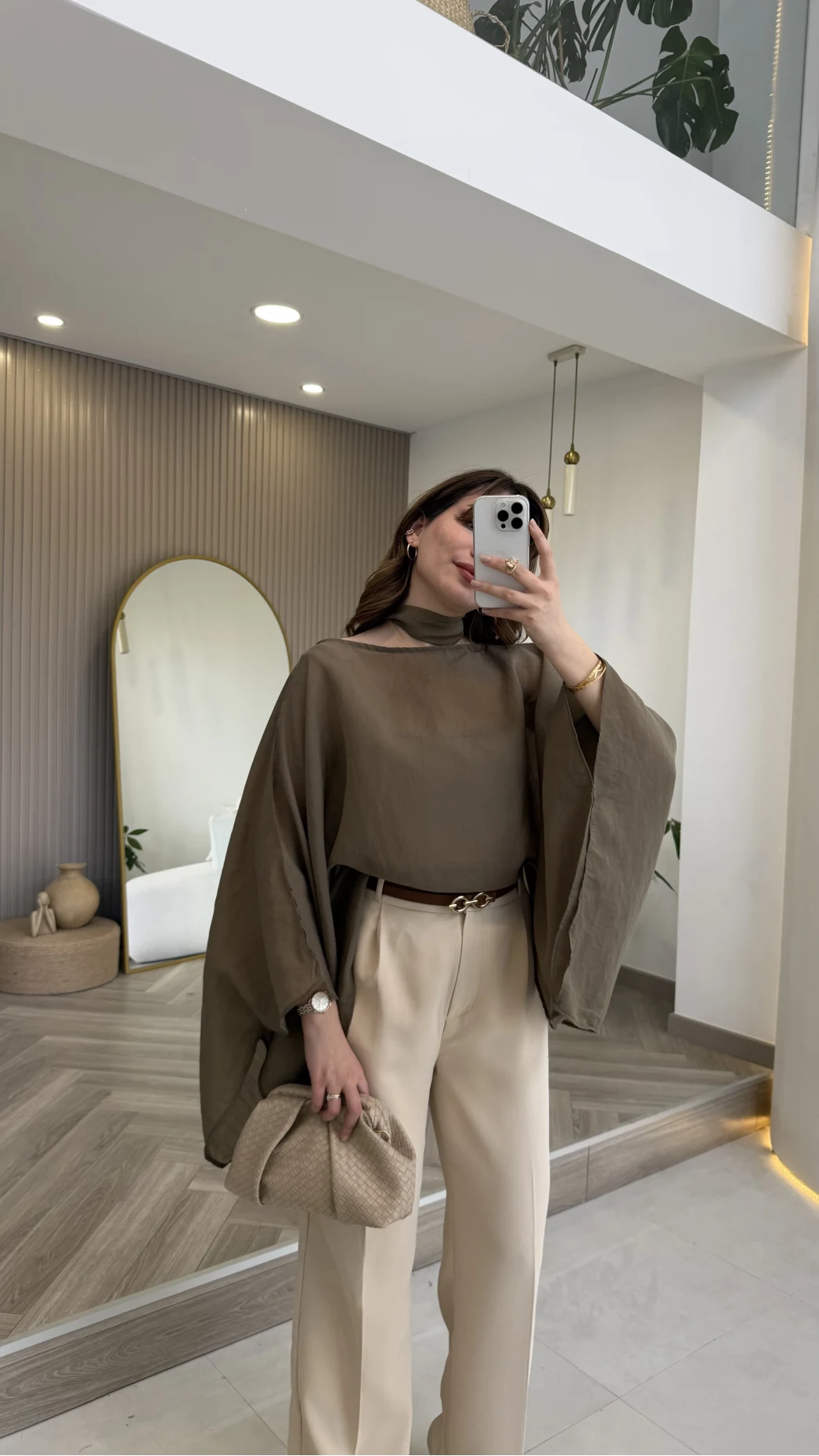 Yarasa Kol Kuşaklı Tül Bluz - Haki - Kod: 1670