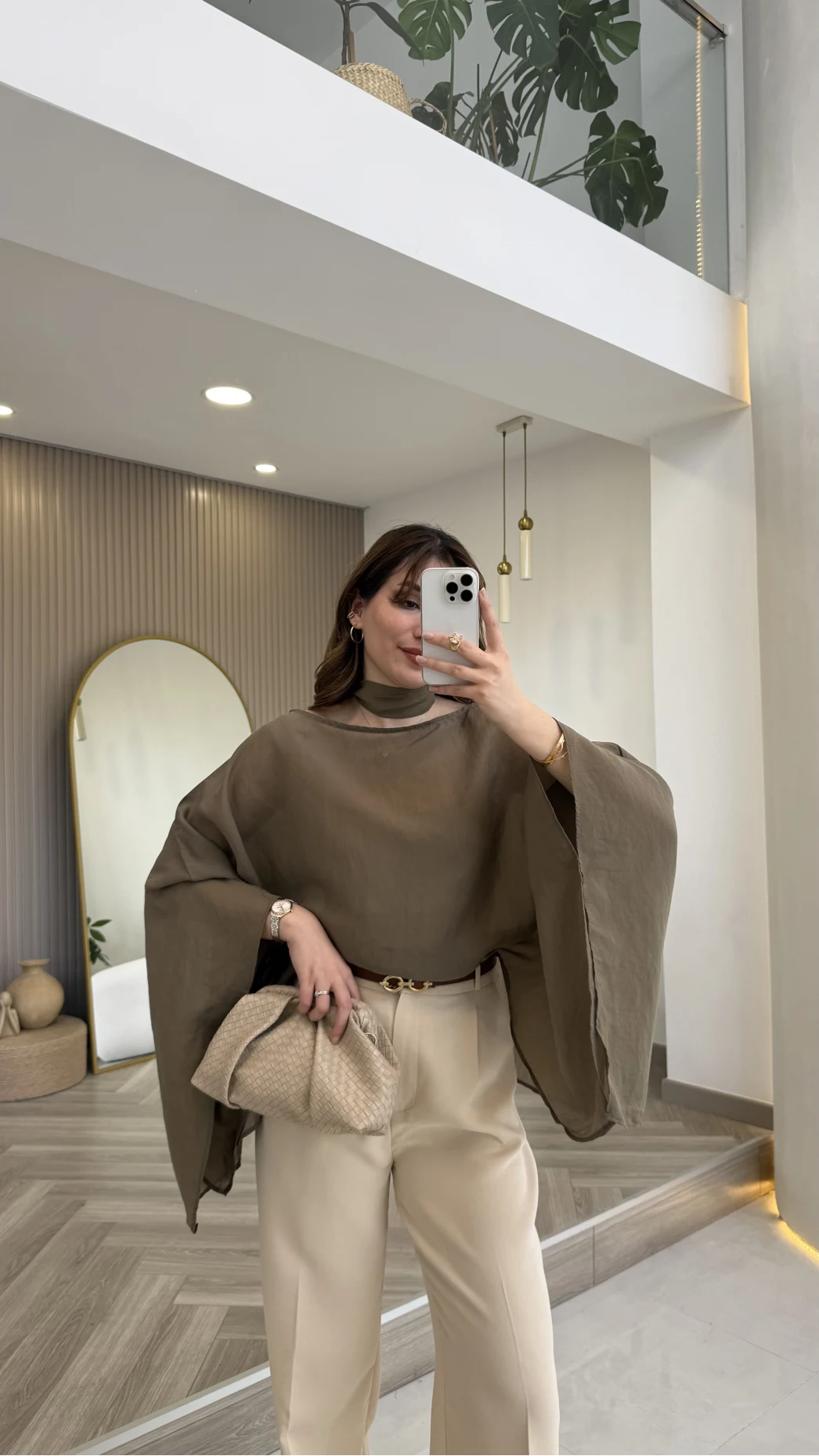 Yarasa Kol Kuşaklı Tül Bluz - Haki - Kod: 1670