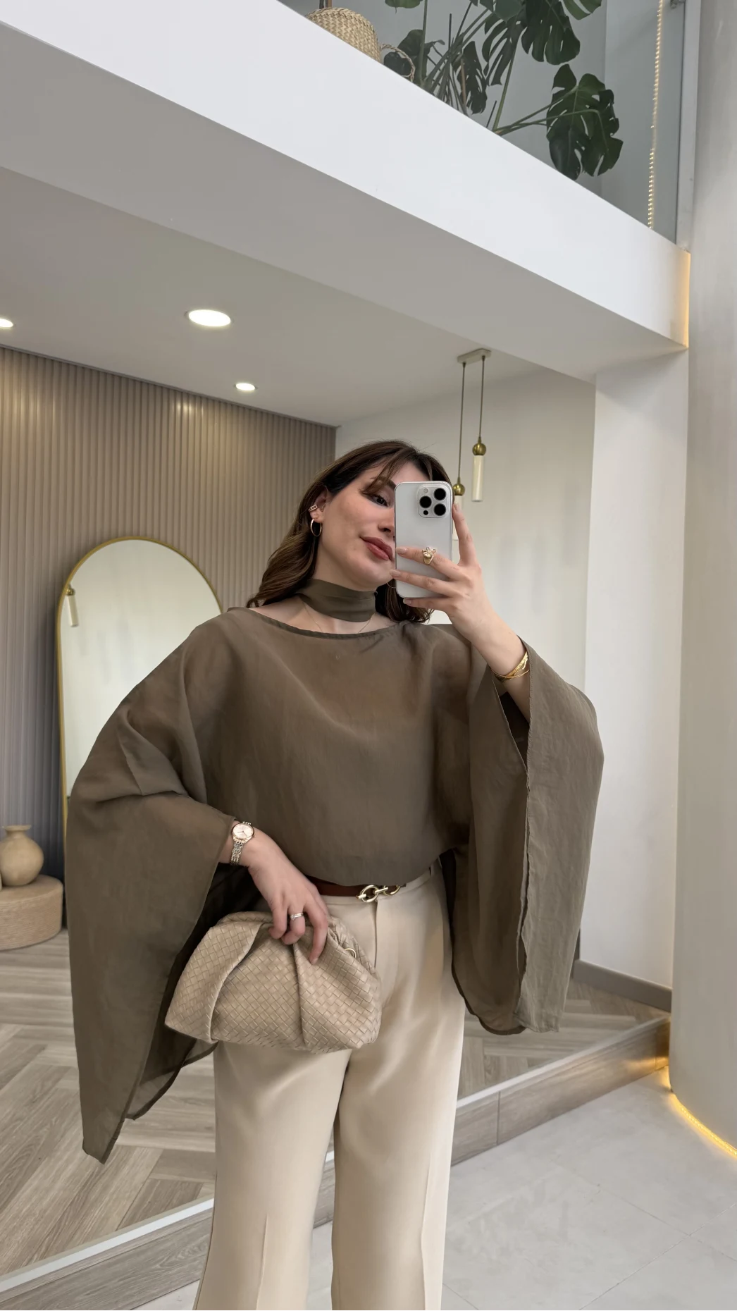 Yarasa Kol Kuşaklı Tül Bluz - Haki - Kod: 1670