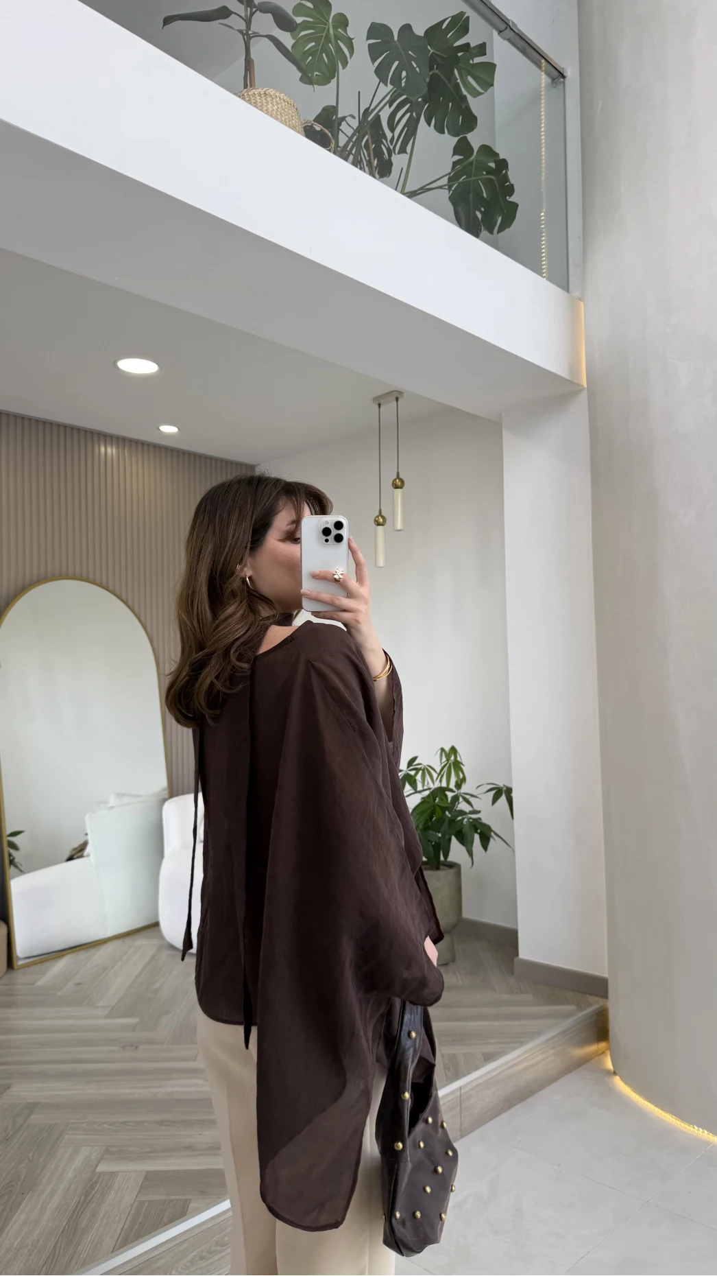 Yarasa Kol Kuşaklı Tül Bluz - Kahverengi - Kod: 1670