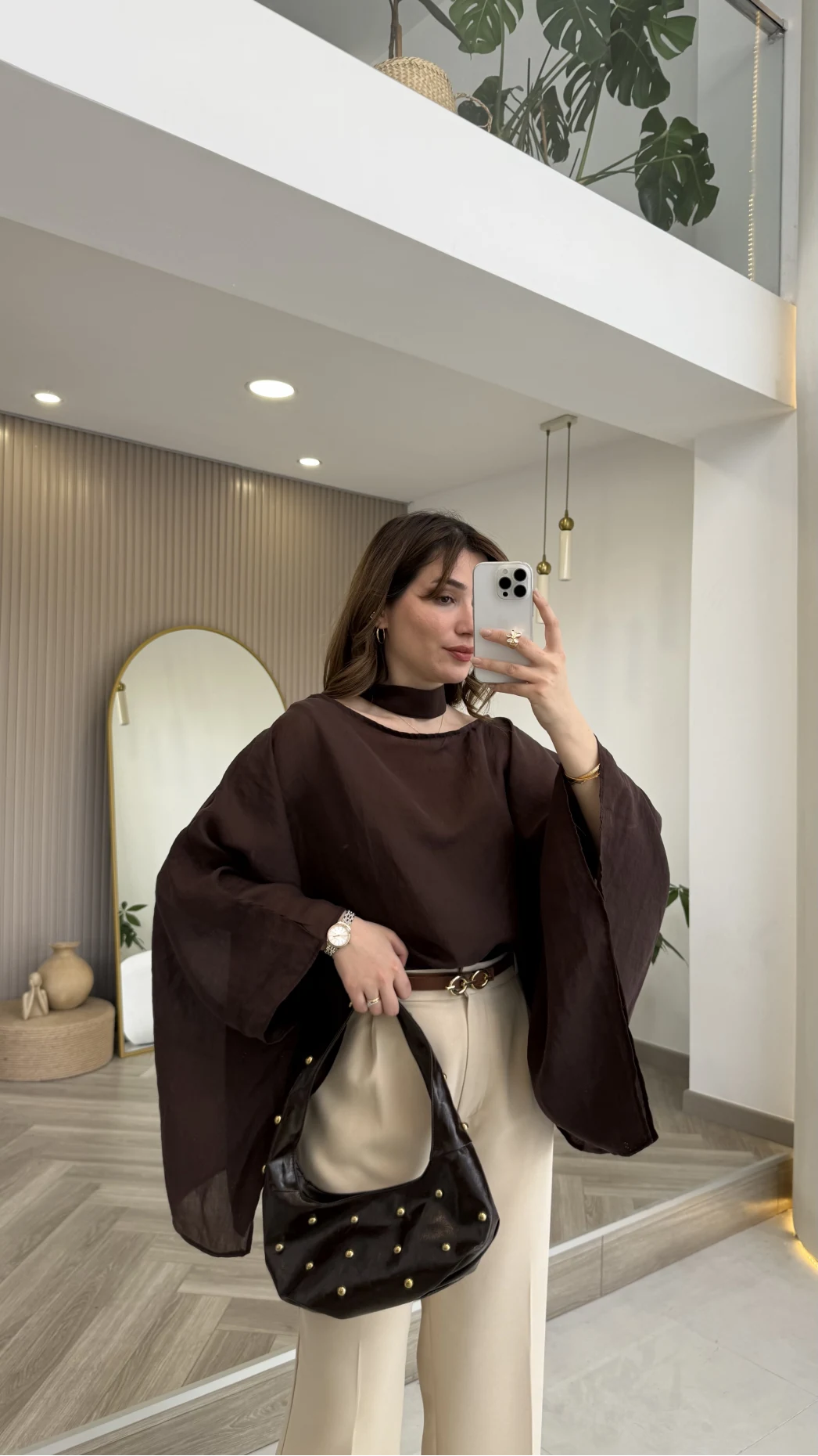 Yarasa Kol Kuşaklı Tül Bluz - Kahverengi - Kod: 1670