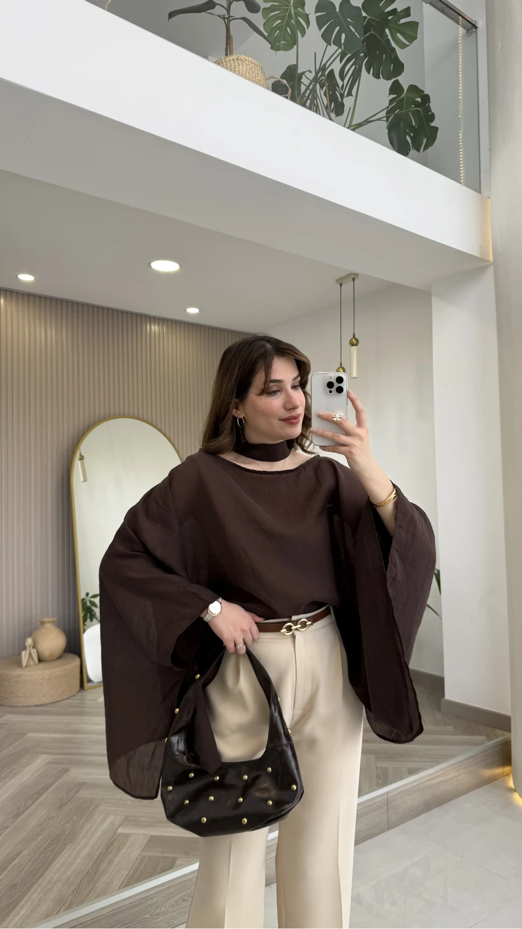 Yarasa Kol Kuşaklı Tül Bluz - Kahverengi - Kod: 1670