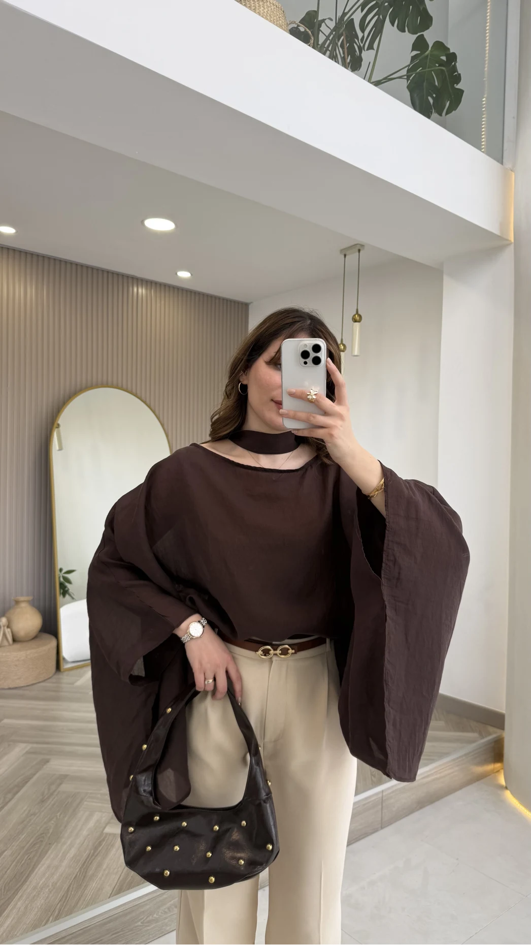 Yarasa Kol Kuşaklı Tül Bluz - Kahverengi - Kod: 1670