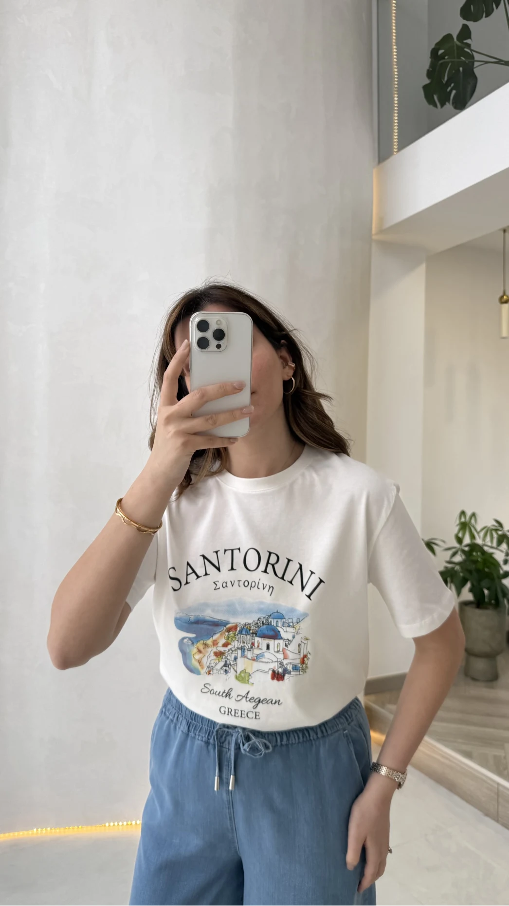 Santorını Baskılı Kısa Kol T-shirt - Ekru - Kod: 8312