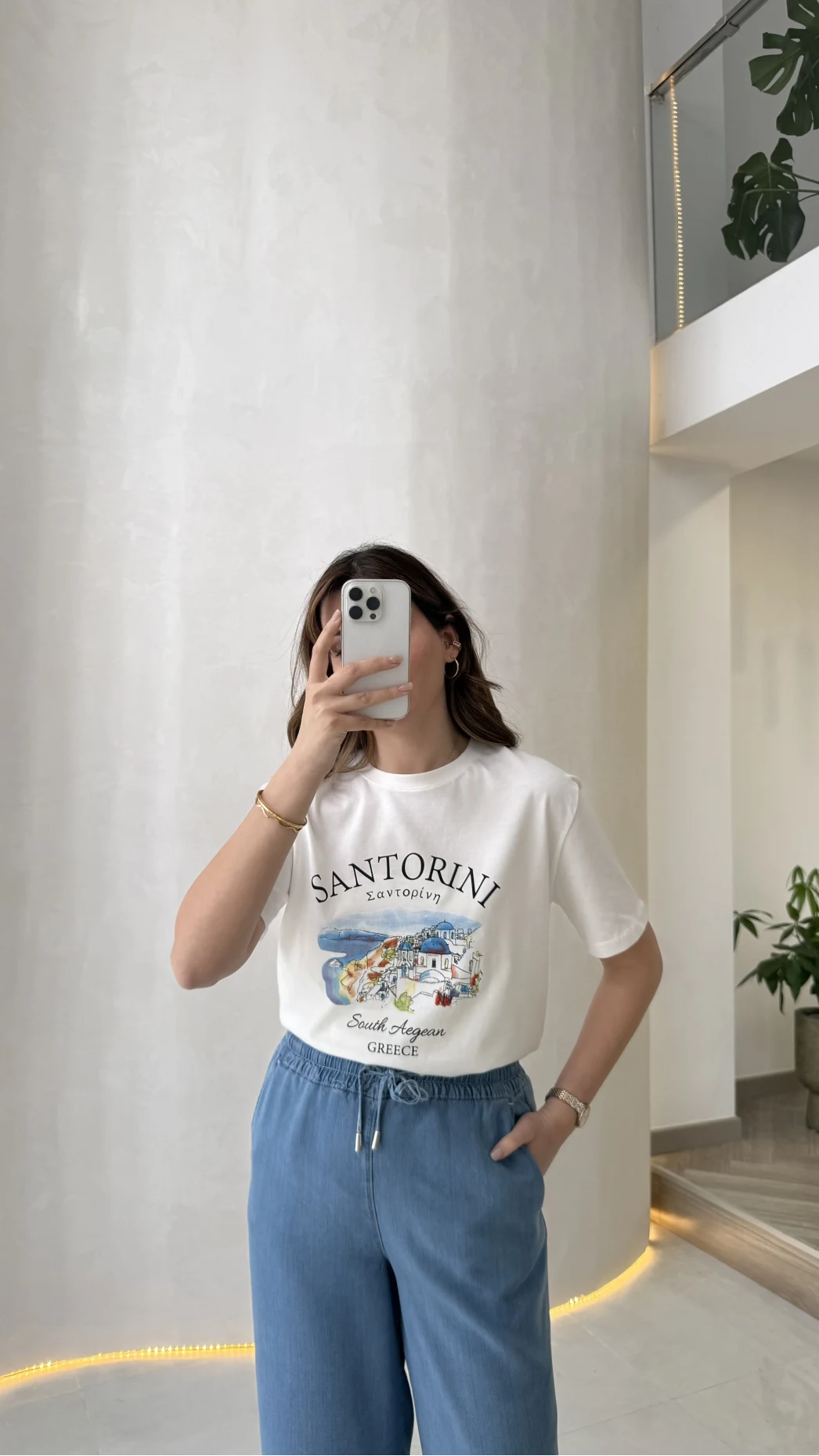 Santorını Baskılı Kısa Kol T-shirt - Ekru - Kod: 8312