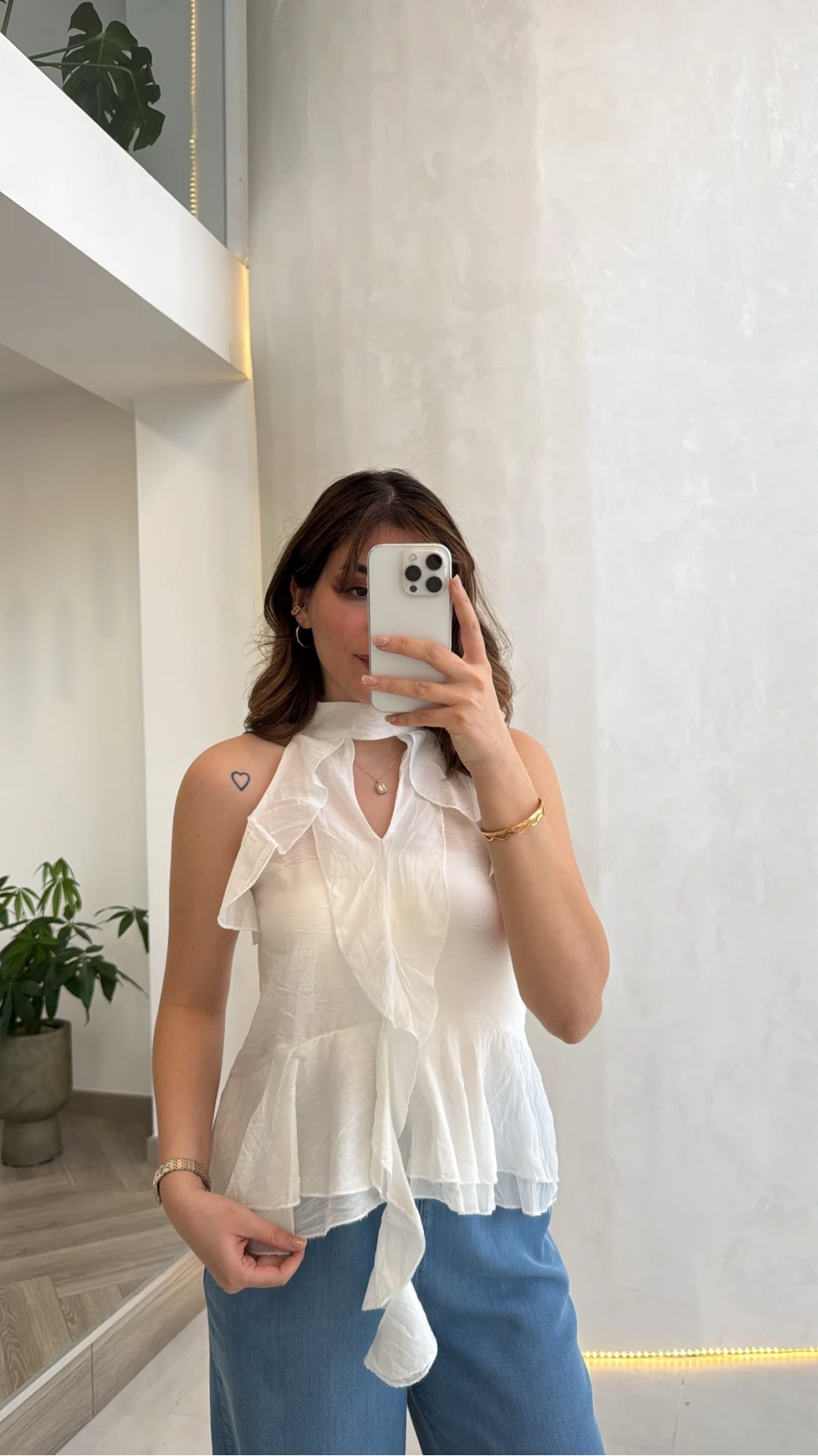 Halter Yaka Volanlı Transparan Bluz - Ekru - Kod: 5390