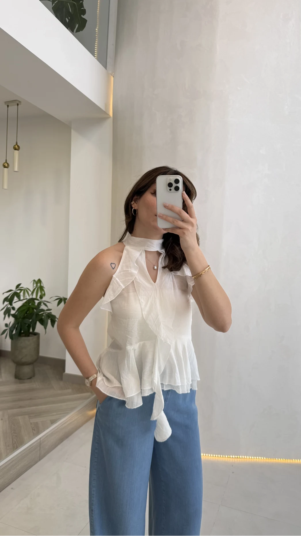 Halter Yaka Volanlı Transparan Bluz - Ekru - Kod: 5390