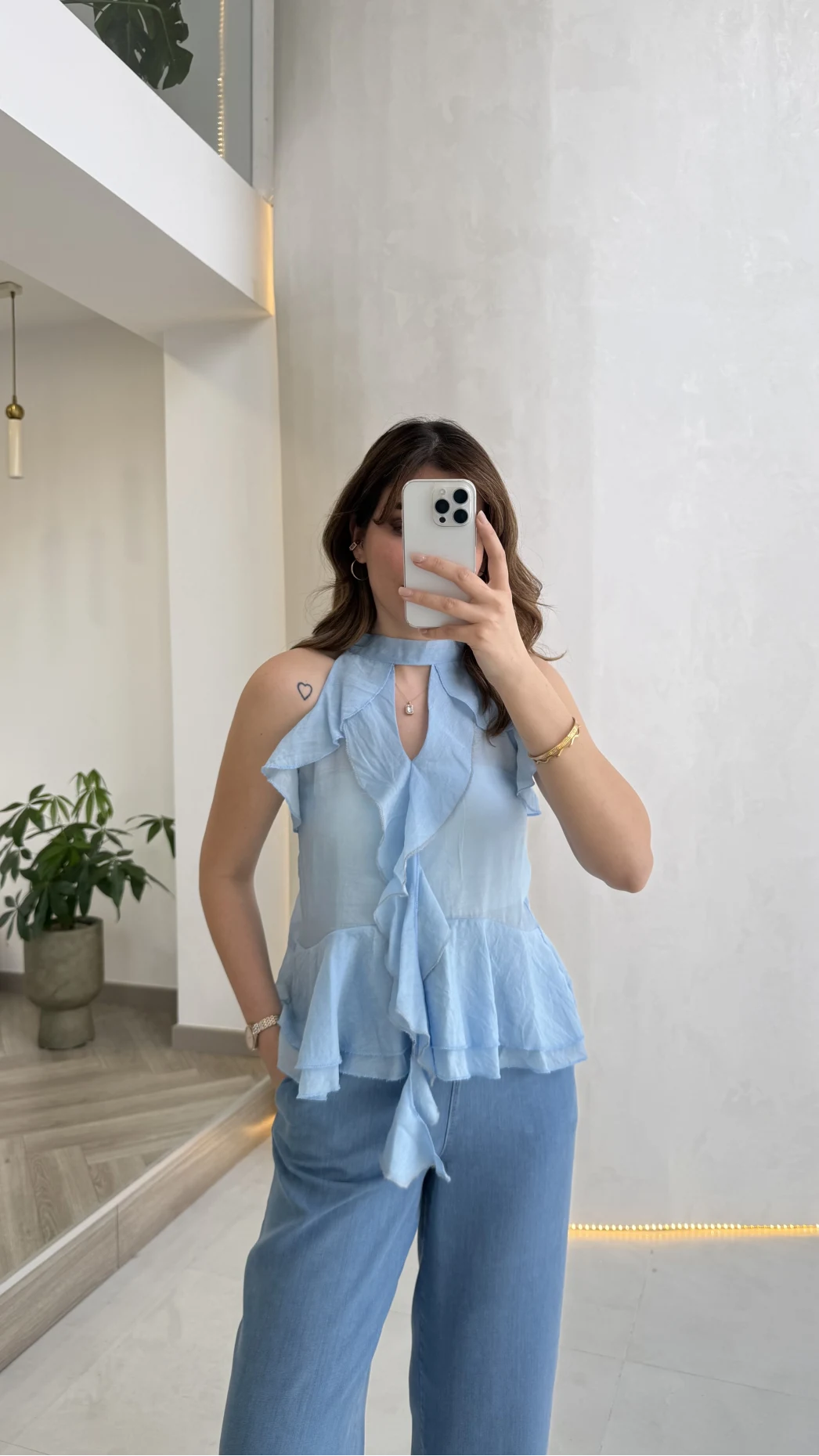 Halter Yaka Volanlı Transparan Bluz - Mavi - Kod: 5390