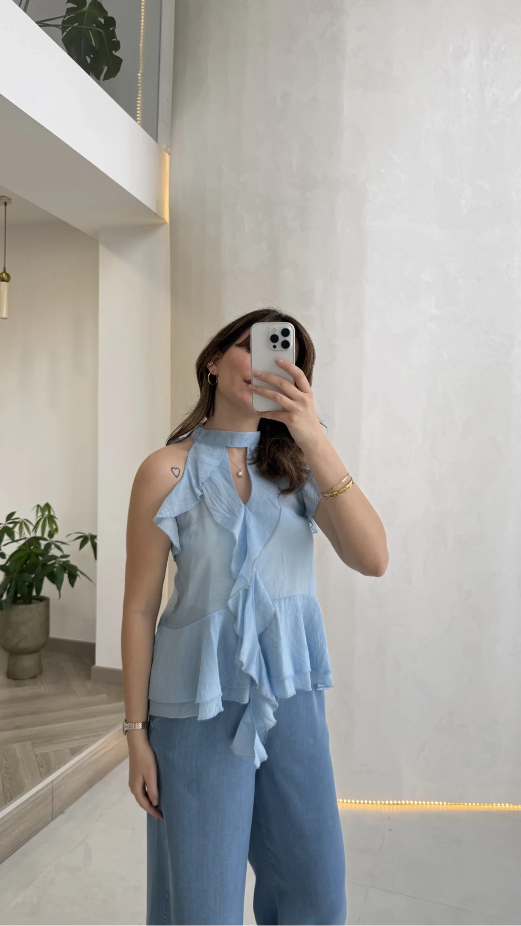 Halter Yaka Volanlı Transparan Bluz - Mavi - Kod: 5390