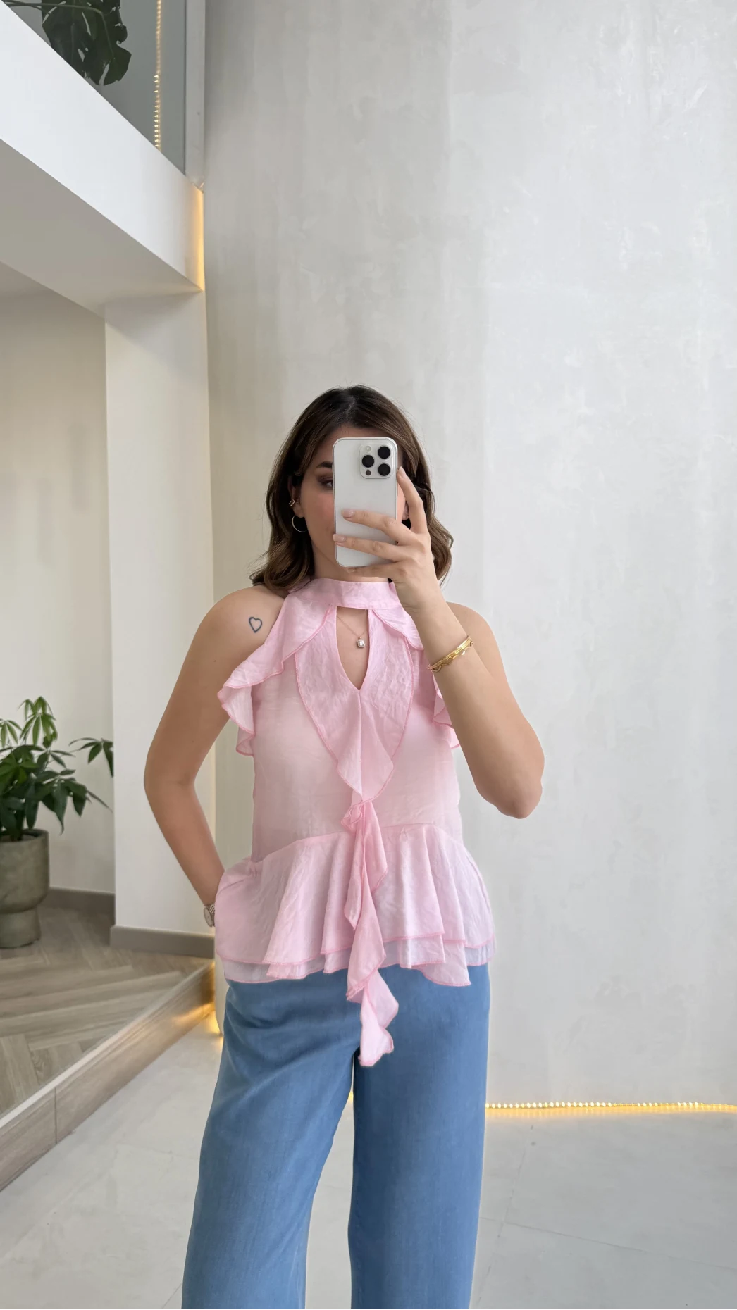 Halter Yaka Volanlı Transparan Bluz - Pembe - Kod: 5390
