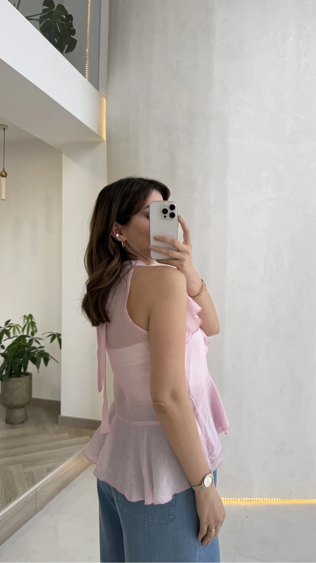 Halter Yaka Volanlı Transparan Bluz - Pembe - Kod: 5390