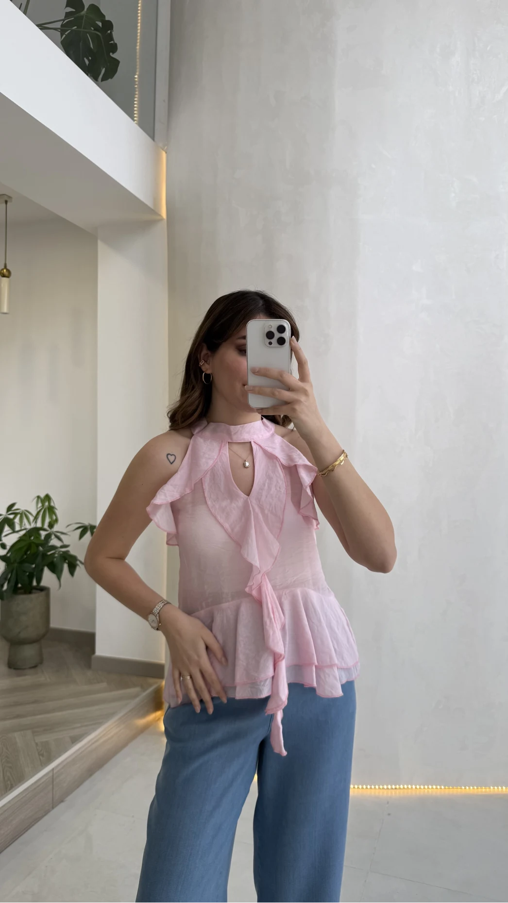 Halter Yaka Volanlı Transparan Bluz - Pembe - Kod: 5390