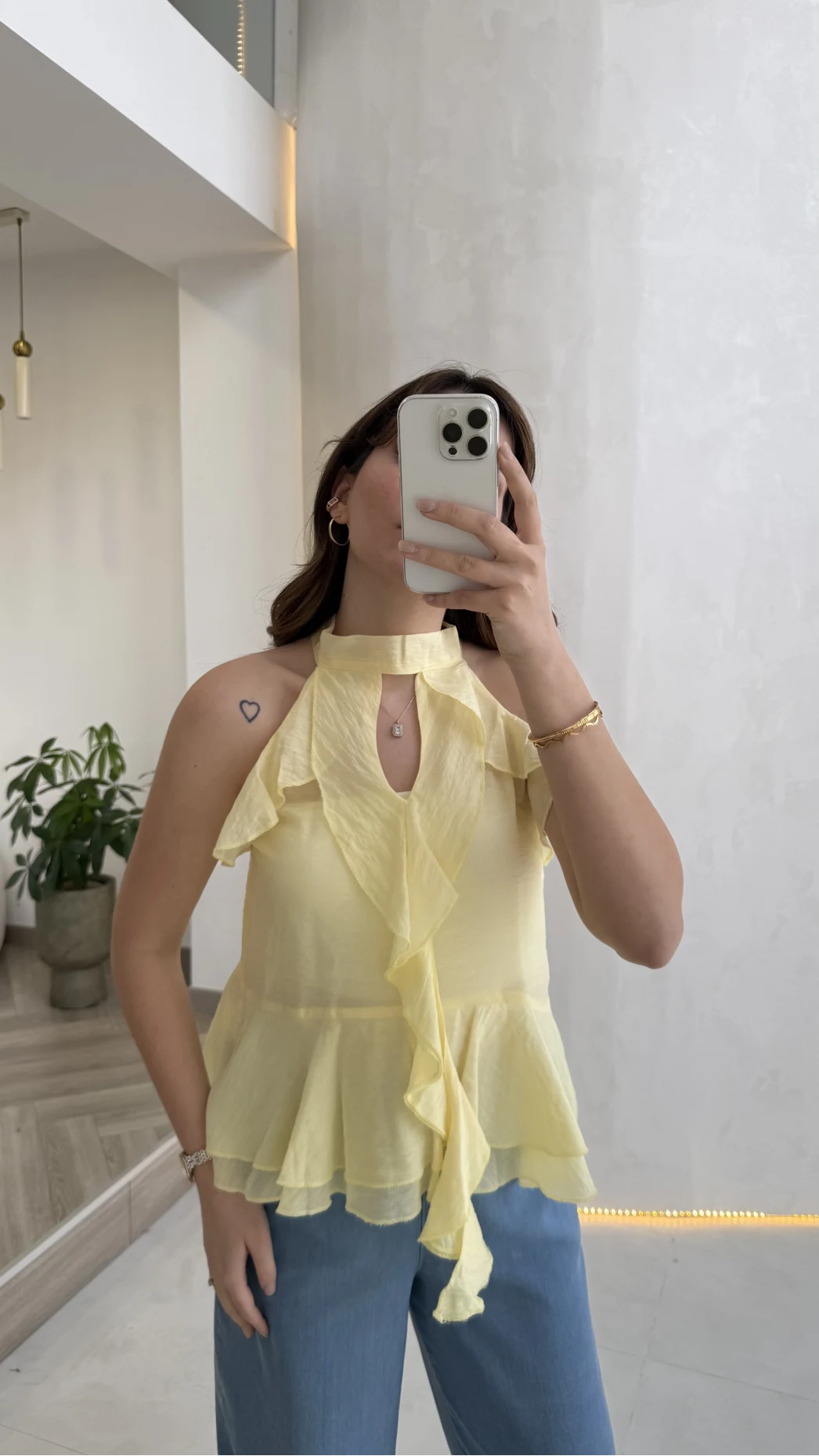 Halter Yaka Volanlı Transparan Bluz - Sarı - Kod: 5390