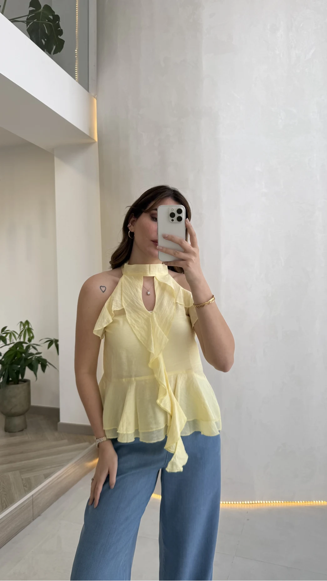 Halter Yaka Volanlı Transparan Bluz - Sarı - Kod: 5390