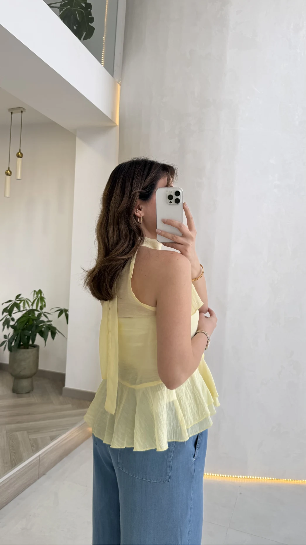 Halter Yaka Volanlı Transparan Bluz - Sarı - Kod: 5390