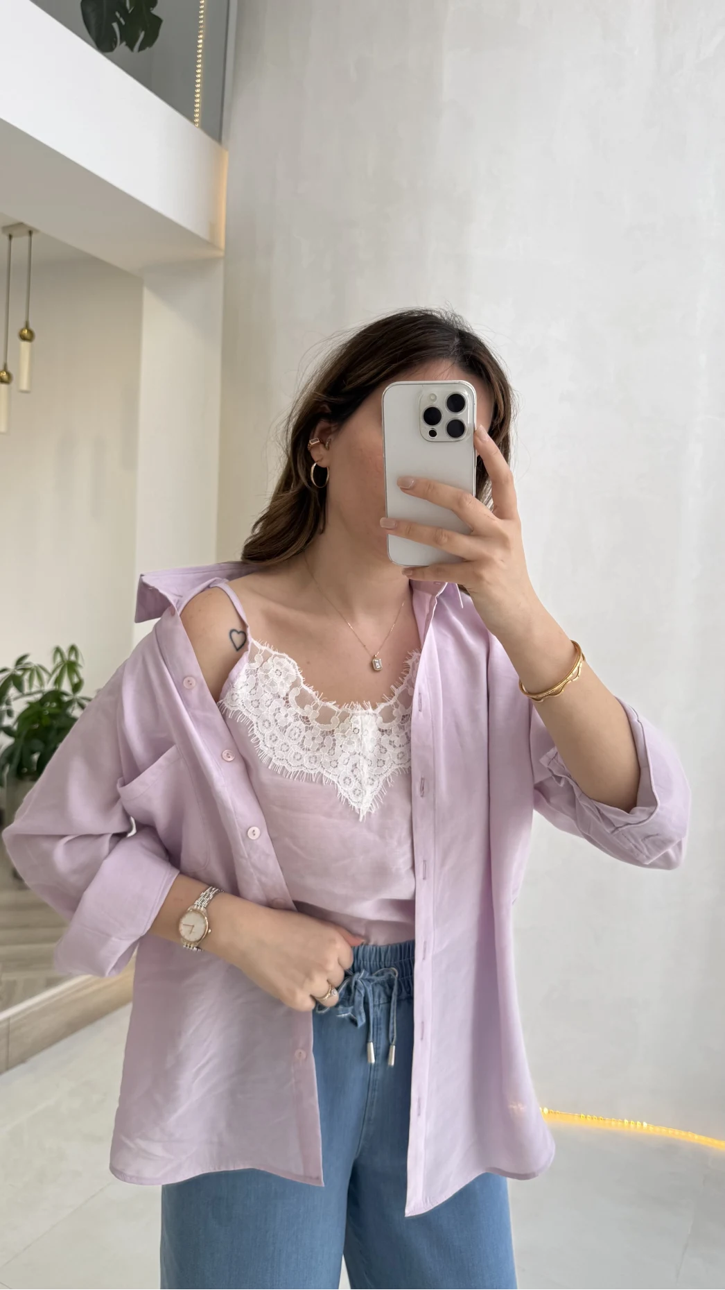 İçi Askılı Dantel Detaylı Gömlek - Lila - Kod: 2209