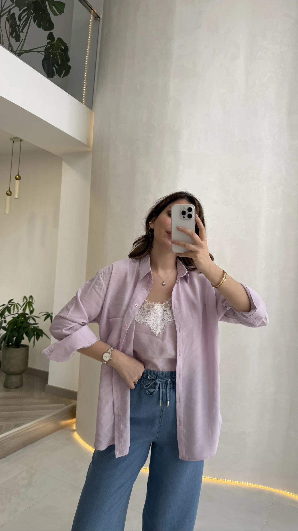 İçi Askılı Dantel Detaylı Gömlek - Lila - Kod: 2209