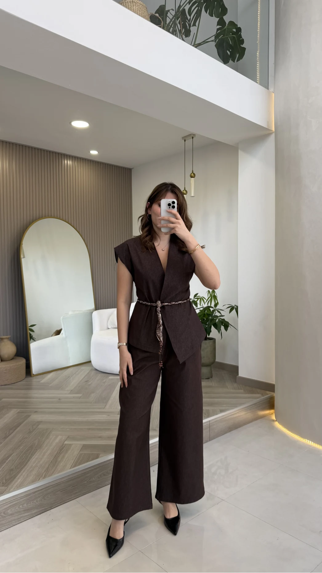 Ent Kemerli Kot Yelek Pantolon Takım - Kahverengi - Kod: 9415