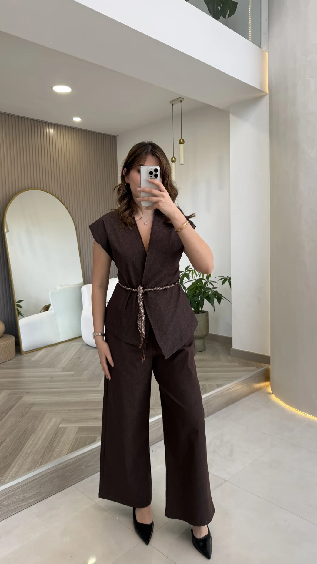 Ent Kemerli Kot Yelek Pantolon Takım - Kahverengi - Kod: 9415