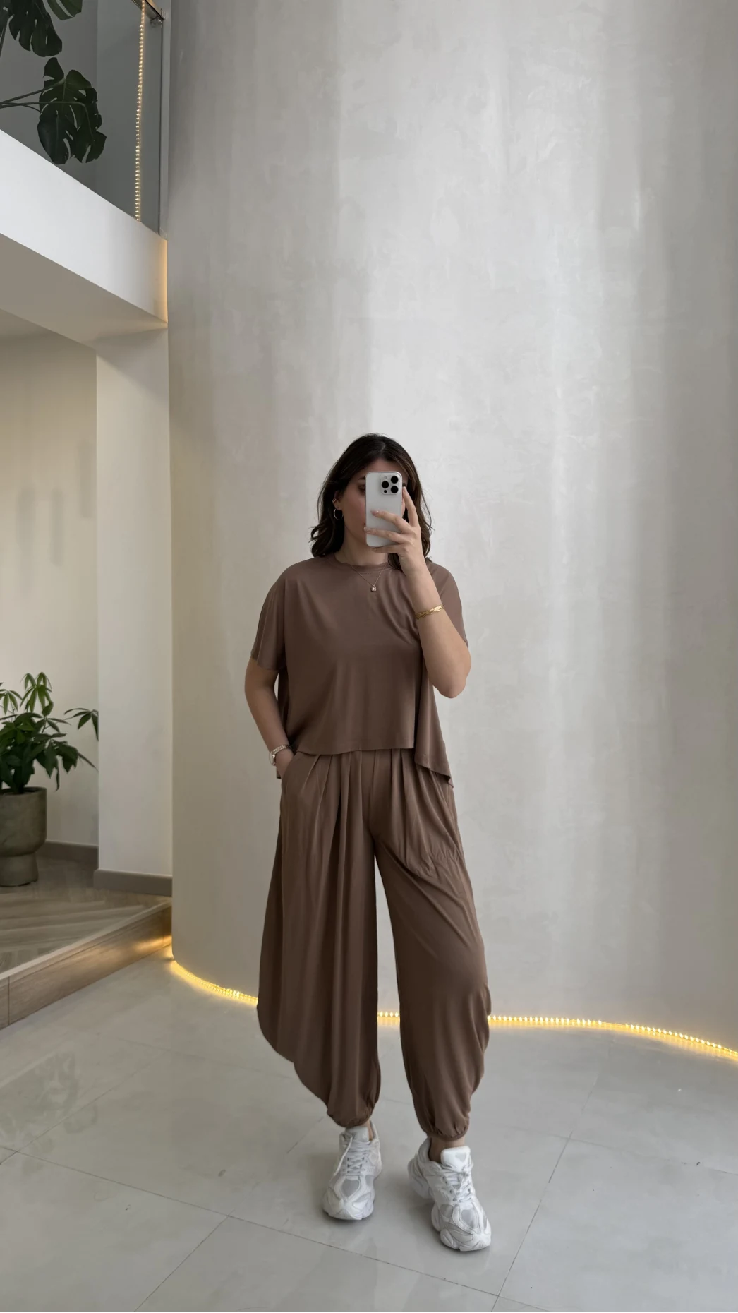 Pamuk Kumaş T-shirt Pantolon Takım - Kahve - Kod: 51149