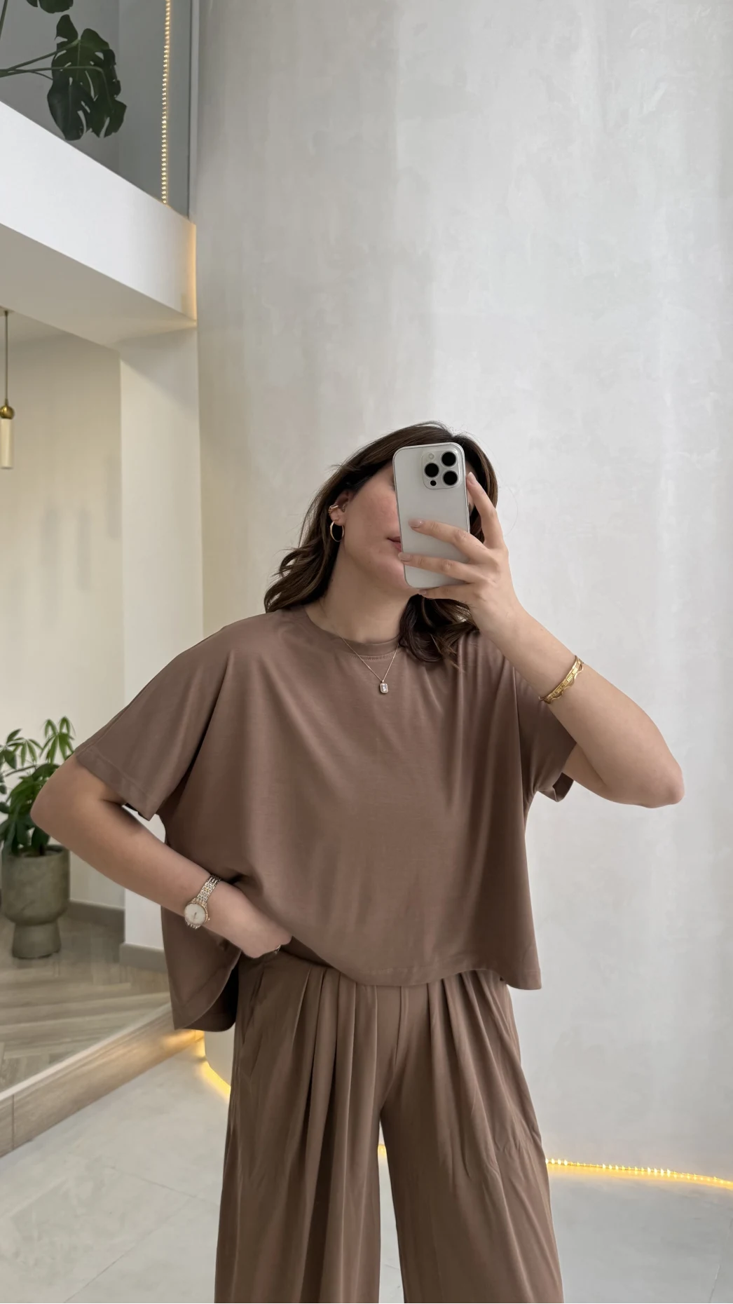 Pamuk Kumaş T-shirt Pantolon Takım - Kahve - Kod: 51149