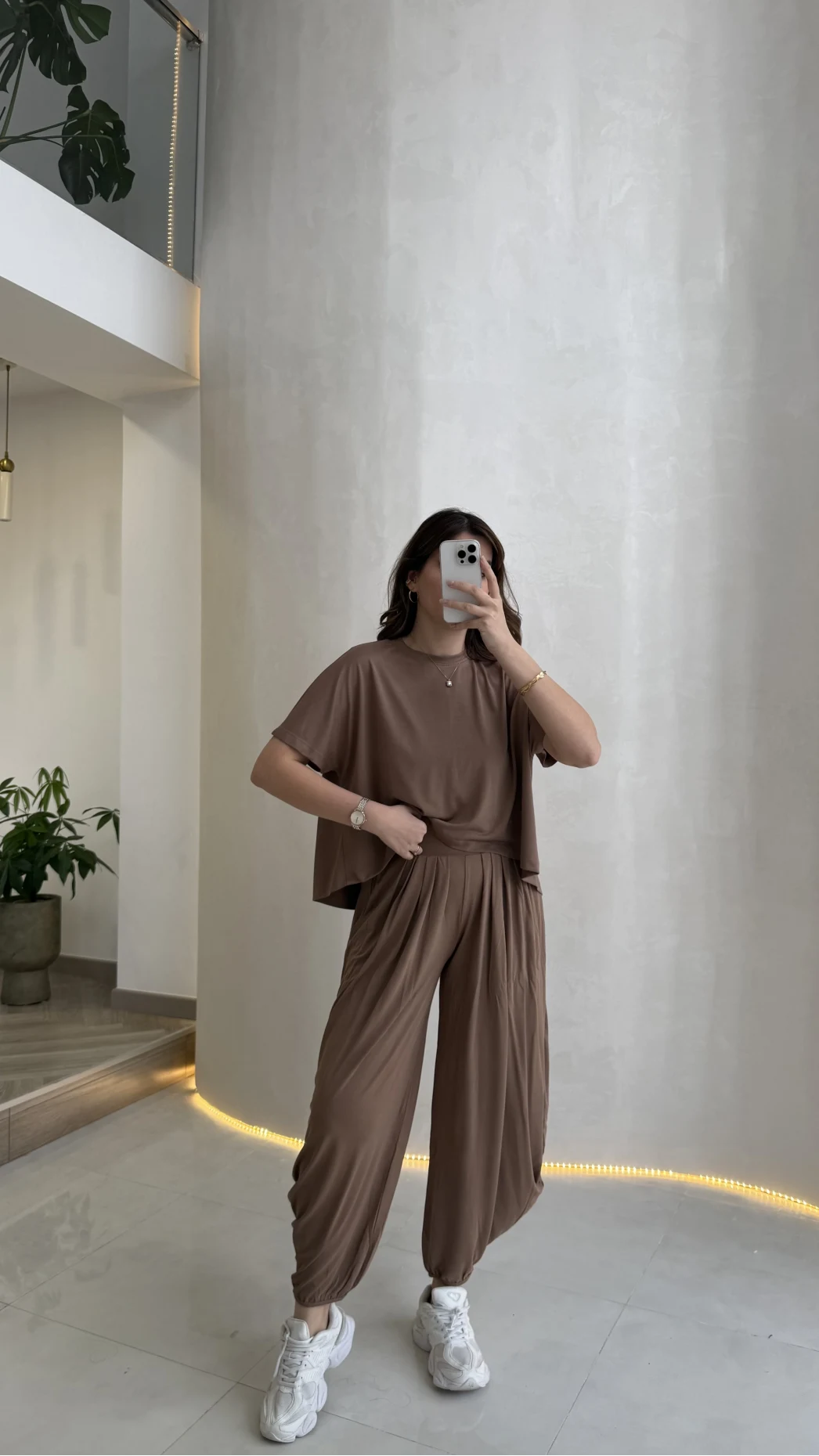 Pamuk Kumaş T-shirt Pantolon Takım - Kahve - Kod: 51149