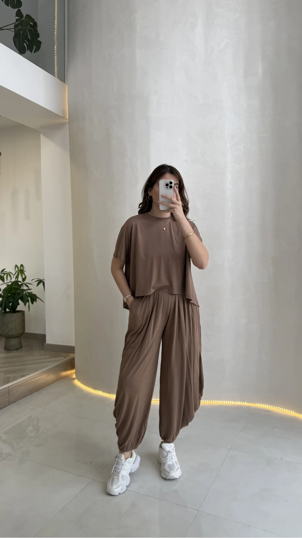 Pamuk Kumaş T-shirt Pantolon Takım - Kahve - Kod: 51149