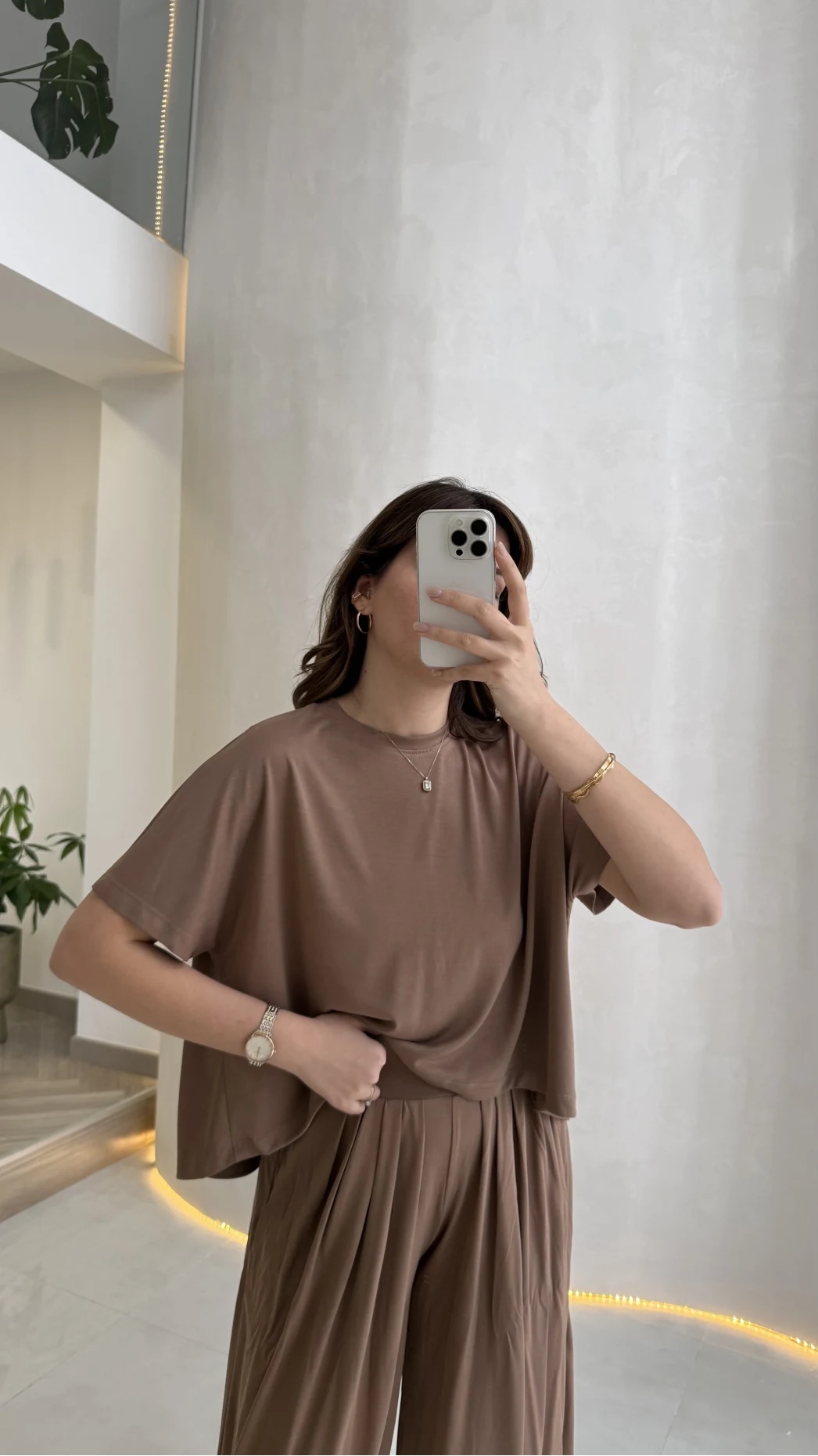 Pamuk Kumaş T-shirt Pantolon Takım - Kahve - Kod: 51149