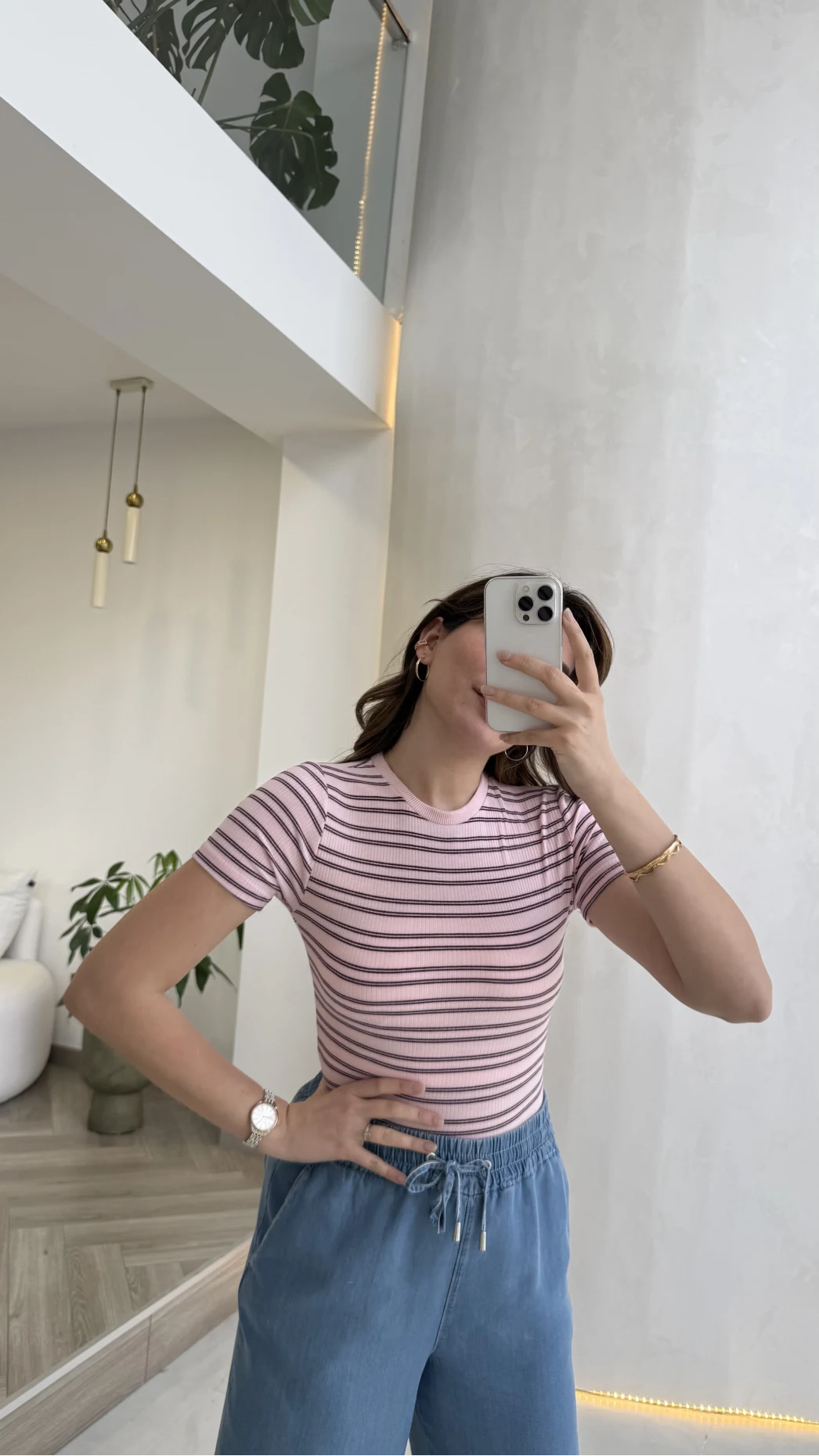 Bordo Çizgili Pembe Kısa Kol T-shirt - Kod: 6962