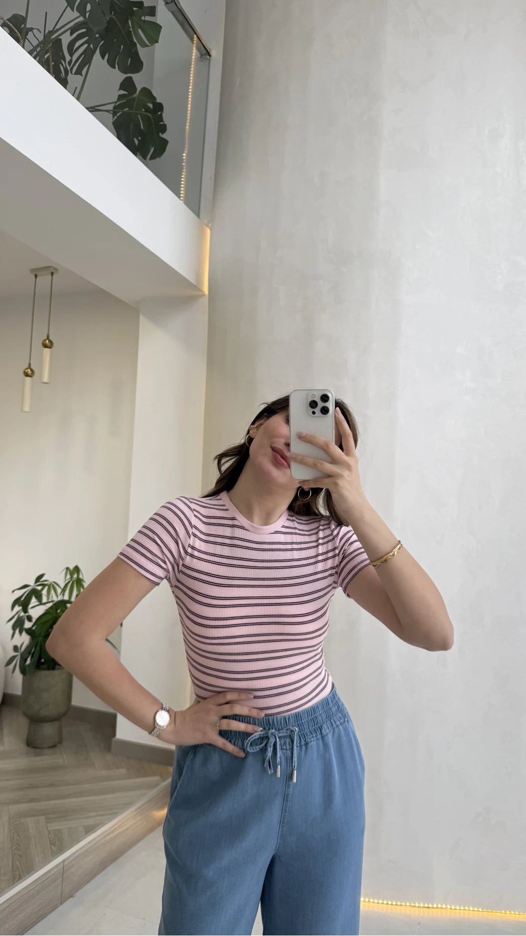 Bordo Çizgili Pembe Kısa Kol T-shirt - Kod: 6962