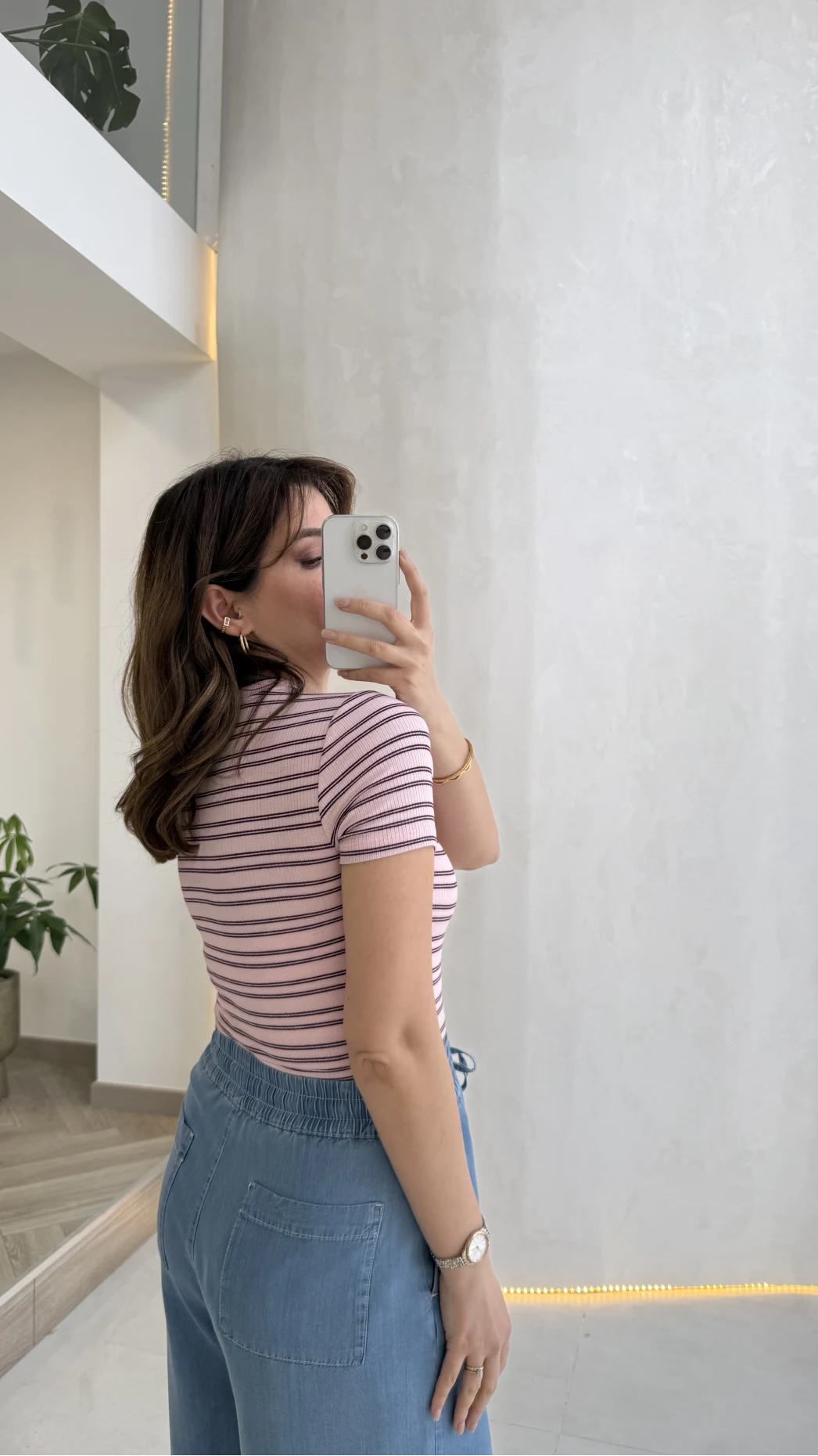 Bordo Çizgili Pembe Kısa Kol T-shirt - Kod: 6962