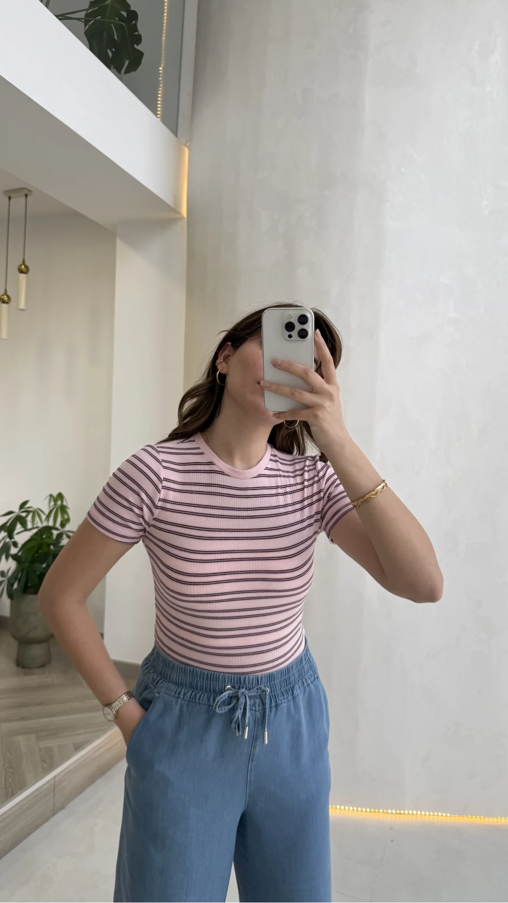 Bordo Çizgili Pembe Kısa Kol T-shirt - Kod: 6962