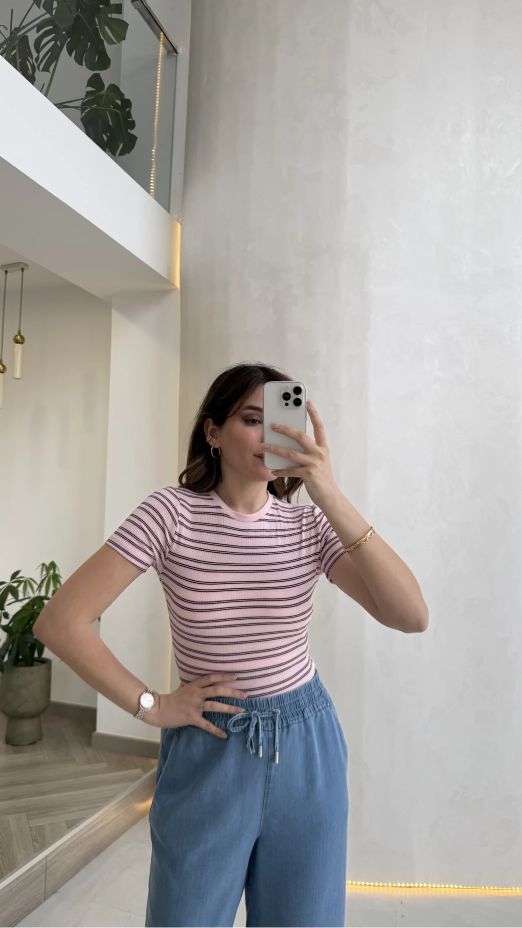 Bordo Çizgili Pembe Kısa Kol T-shirt - Kod: 6962