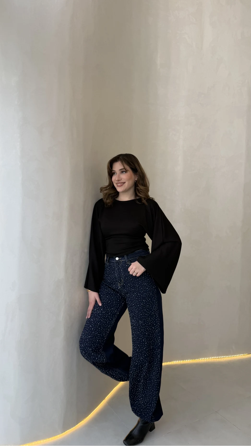 Paçası Lastikli Yüksek Bel Taşlı Denim Jean Pantolon - Lacivert