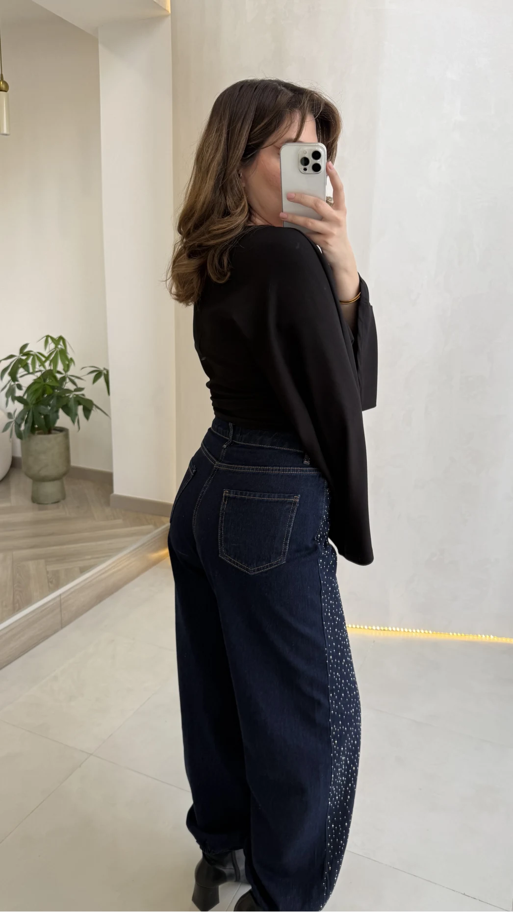 Paçası Lastikli Yüksek Bel Taşlı Denim Jean Pantolon - Lacivert