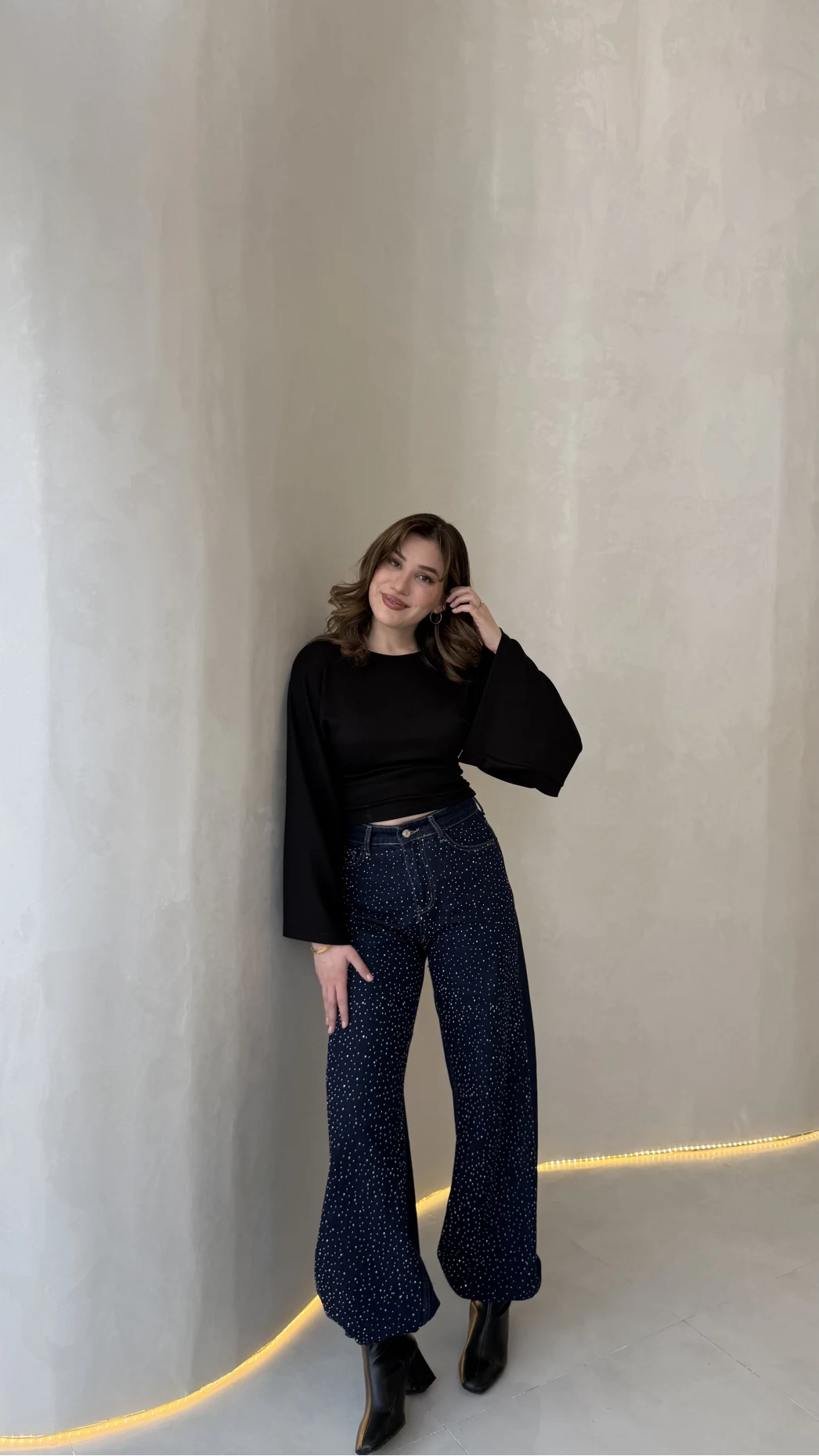 Paçası Lastikli Yüksek Bel Taşlı Denim Jean Pantolon - Lacivert