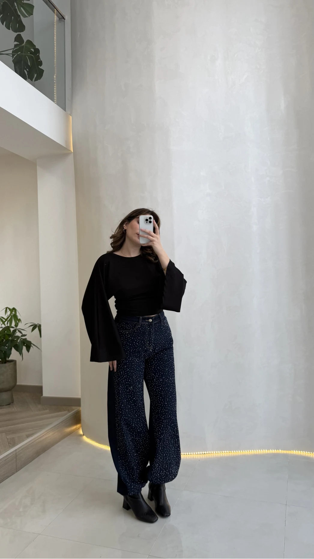 Paçası Lastikli Yüksek Bel Taşlı Denim Jean Pantolon - Lacivert