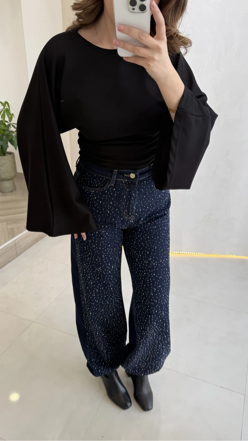 Paçası Lastikli Yüksek Bel Taşlı Denim Jean Pantolon - Lacivert