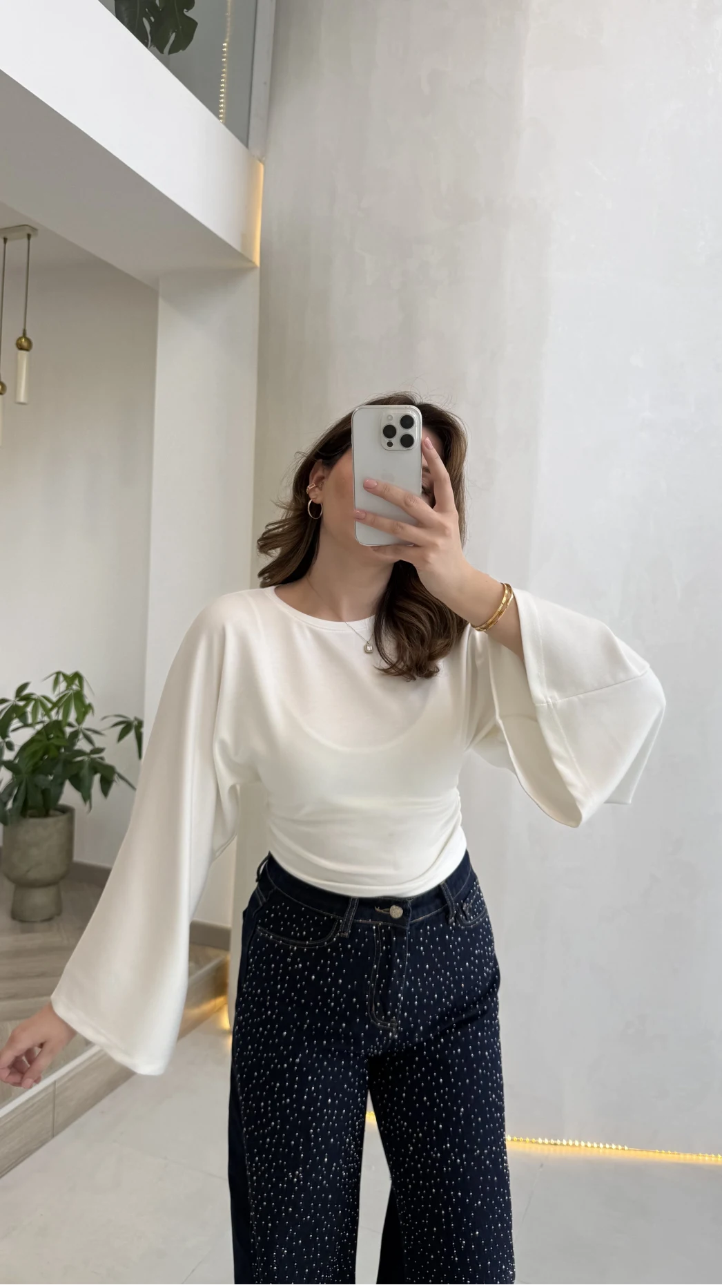 Bol Kol Beli Büzgü Detay Crop Bluz - Ekru - Kod: 1093