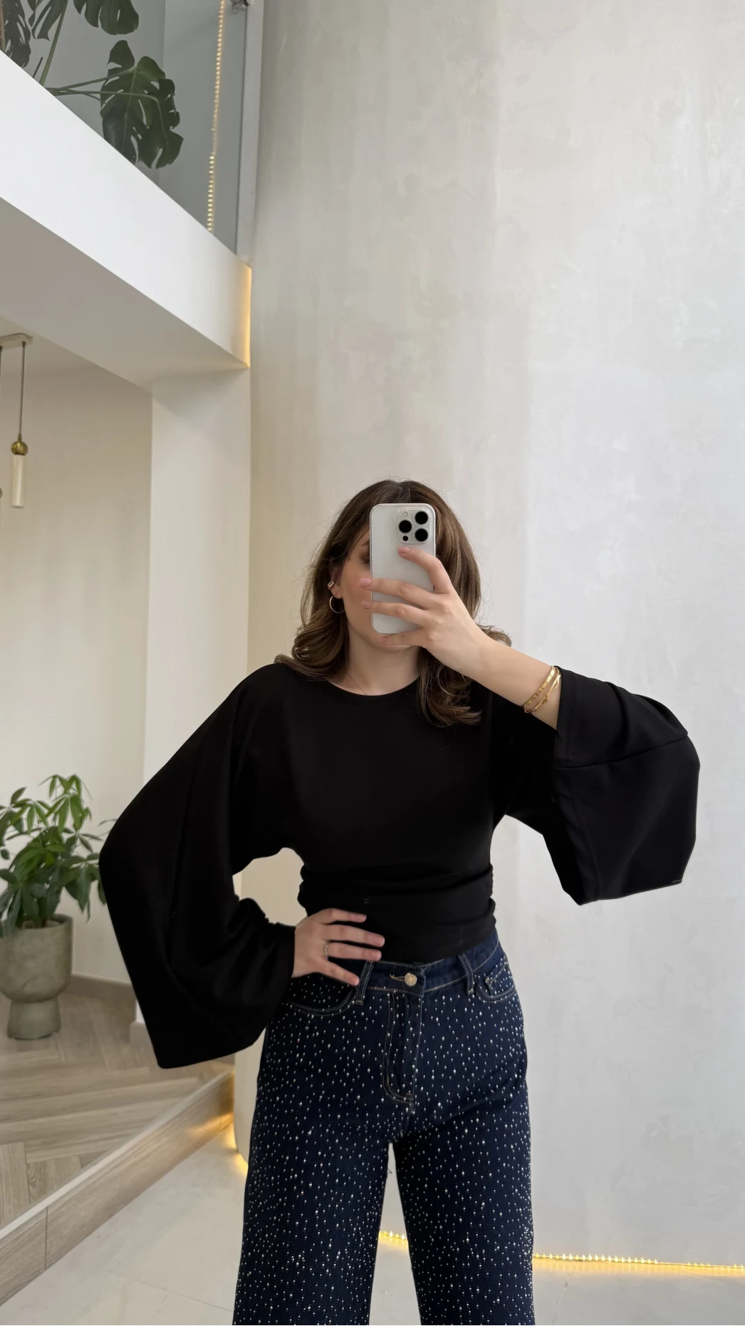 Bol Kol Beli Büzgü Detay Crop Bluz - Siyah - Kod: 1093