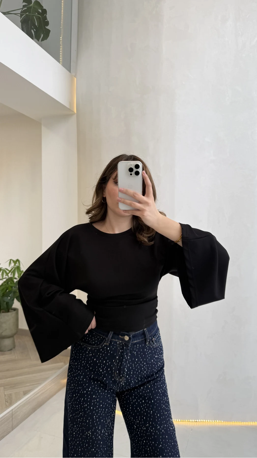 Bol Kol Beli Büzgü Detay Crop Bluz - Siyah - Kod: 1093