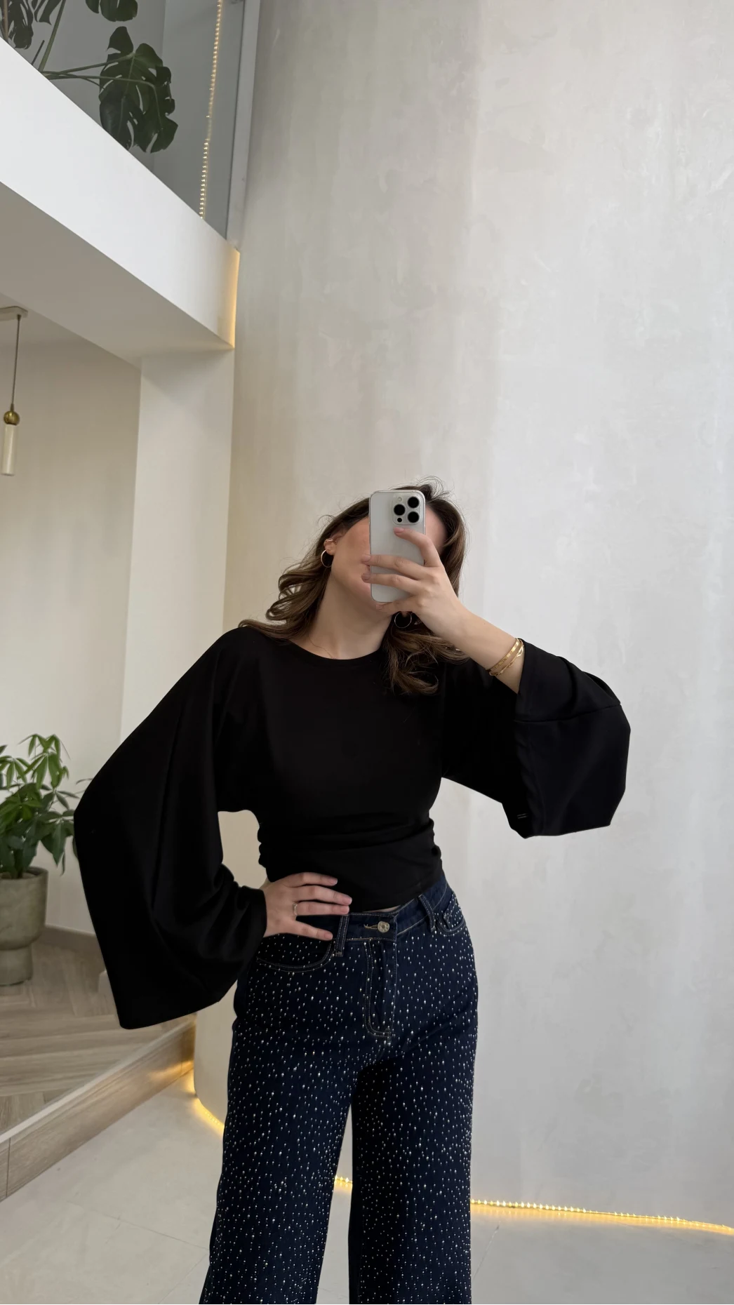 Bol Kol Beli Büzgü Detay Crop Bluz - Siyah - Kod: 1093