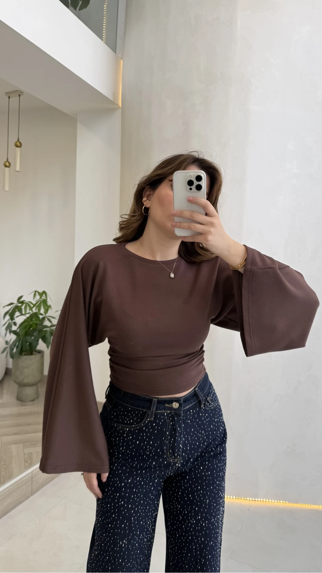 Bol Kol Beli Büzgü Detay Crop Bluz - Kahverengi - Kod: 1093