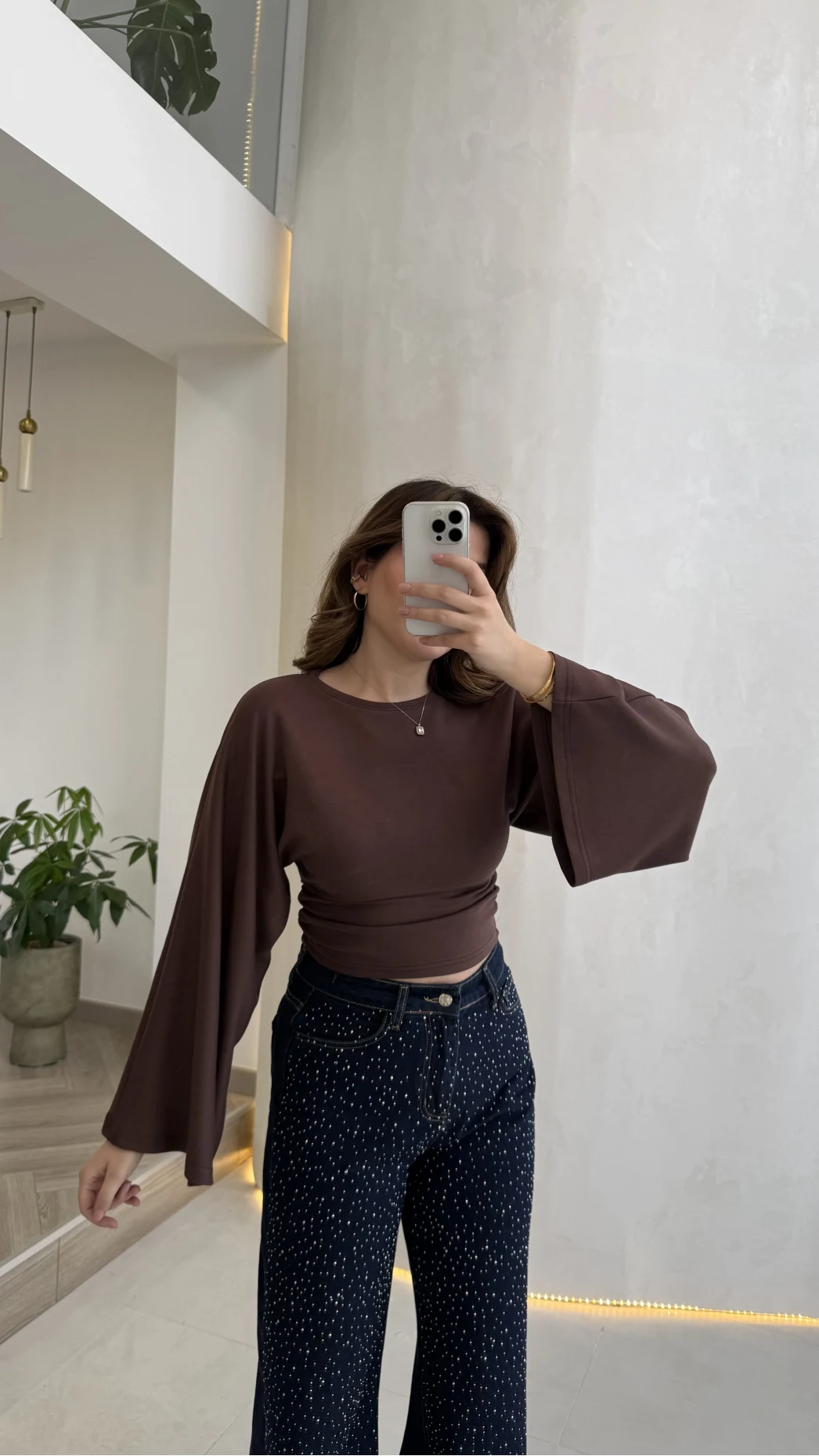 Bol Kol Beli Büzgü Detay Crop Bluz - Kahverengi - Kod: 1093