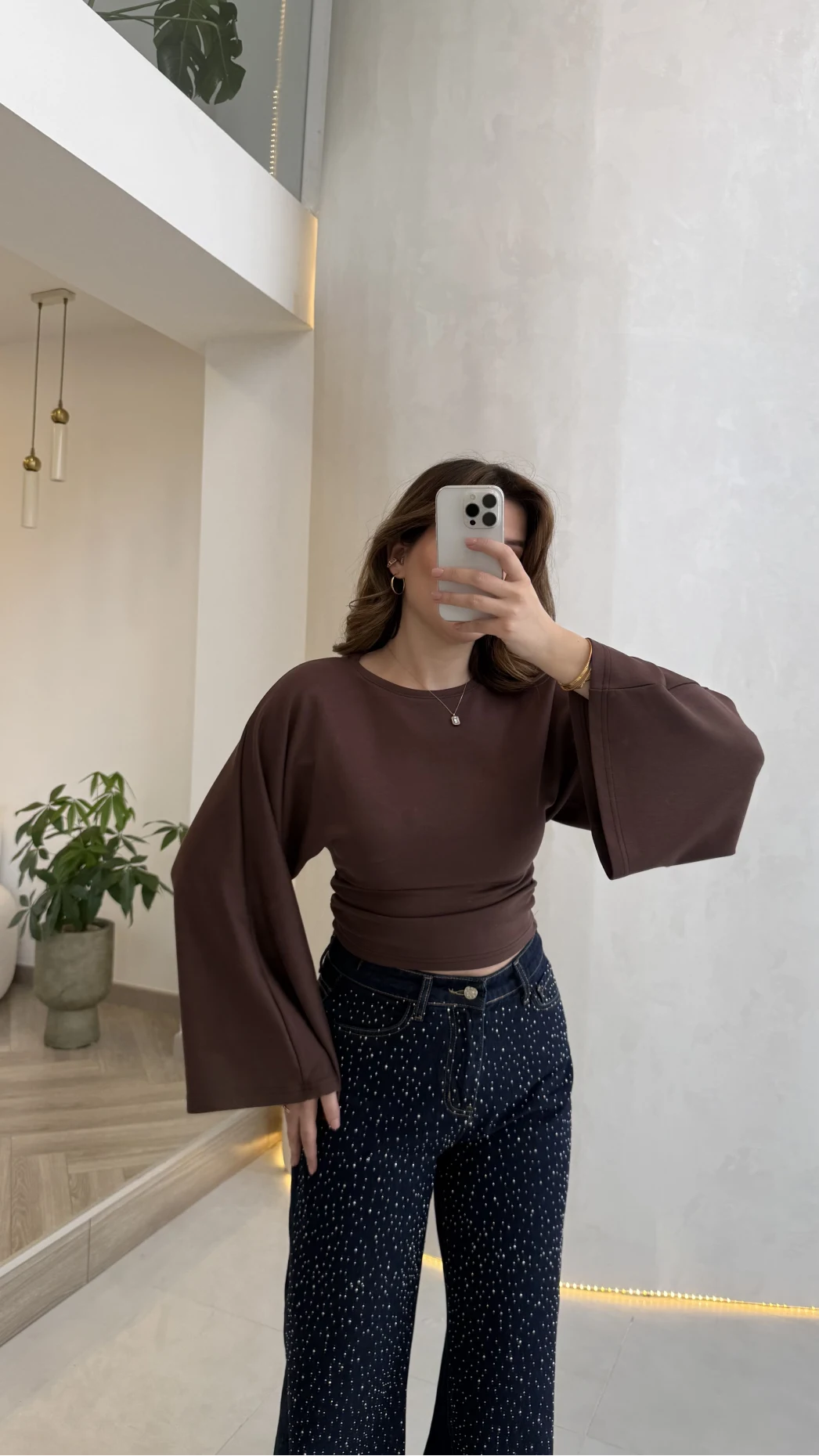 Bol Kol Beli Büzgü Detay Crop Bluz - Kahverengi - Kod: 1093