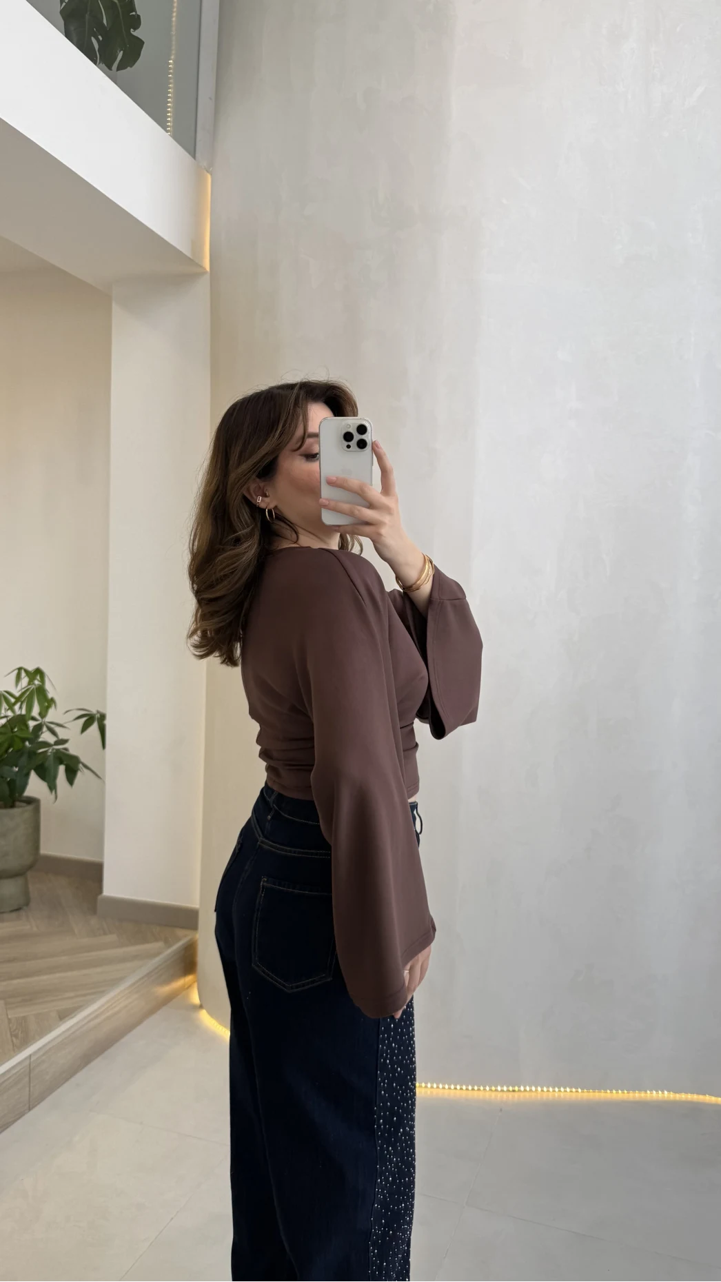 Bol Kol Beli Büzgü Detay Crop Bluz - Kahverengi - Kod: 1093