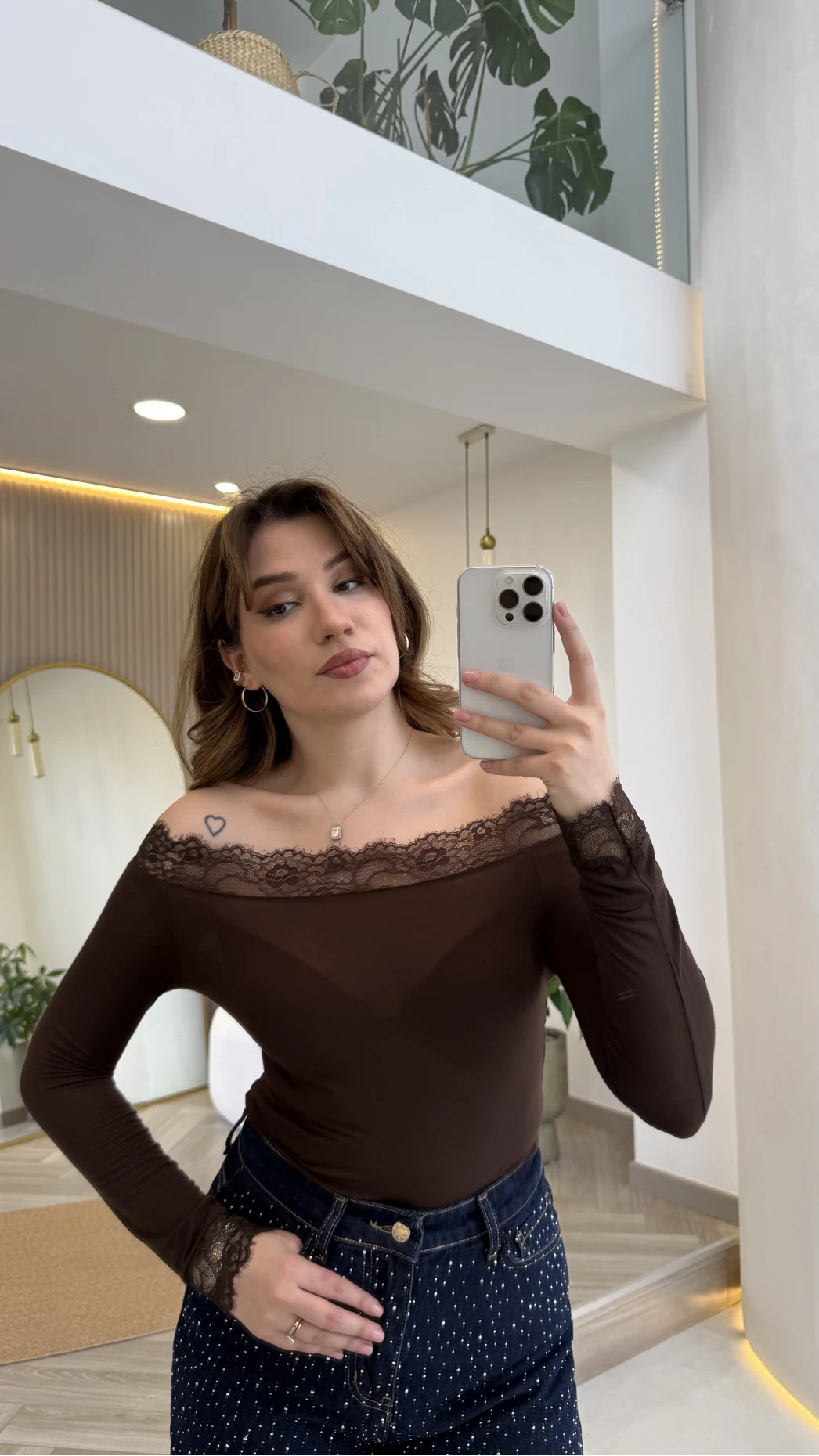 Dantelli Madonna Yaka Body - Kahverengi - Kod: 5065